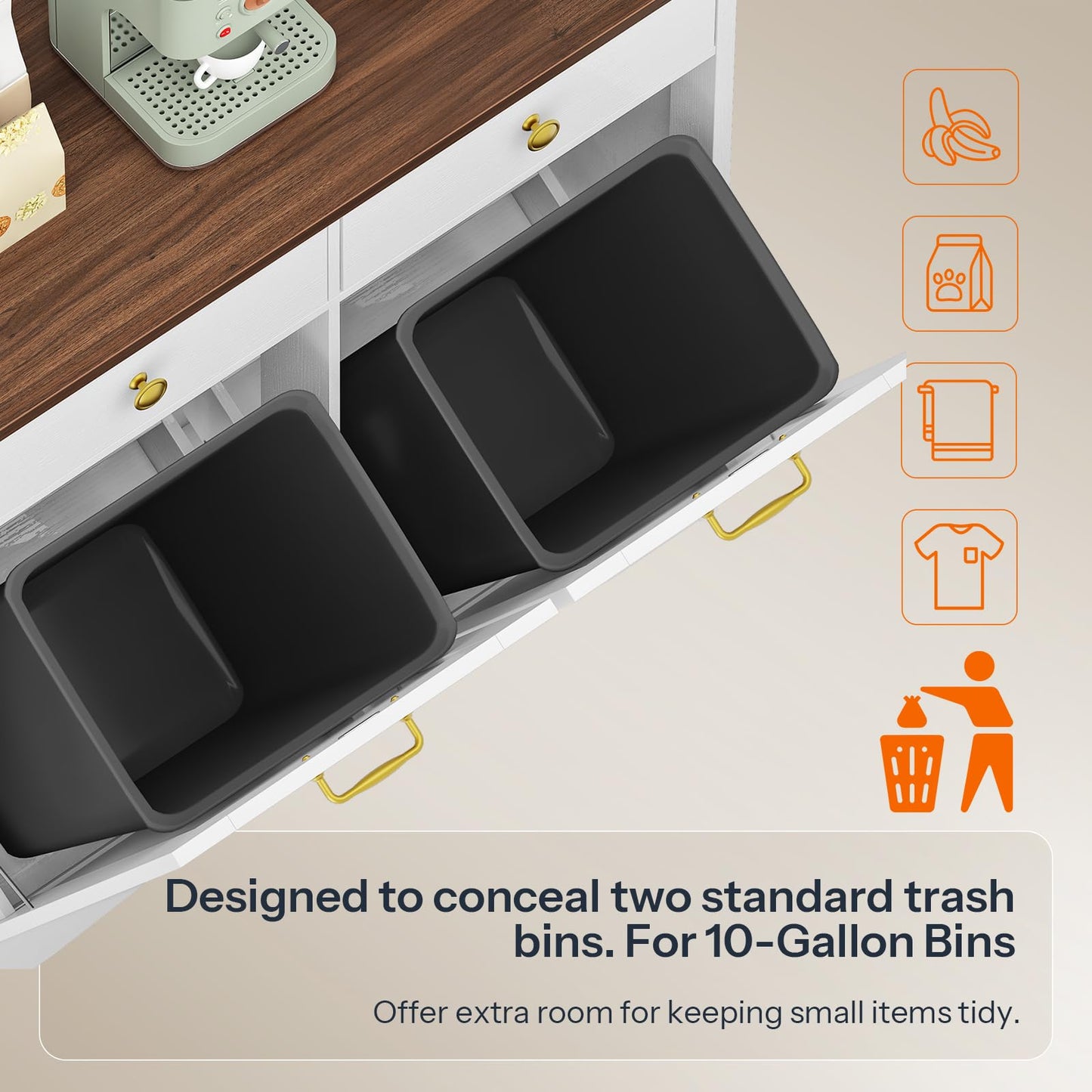 HOOBRO Double Tilt Out Trash Can Cabinet, Hidden Trash Bin Storage with 2 Drawers, Freestanding Kitchen Island Cabinet, for Kitchen, Laundry Room, White and Walnut WH22LJ01US
