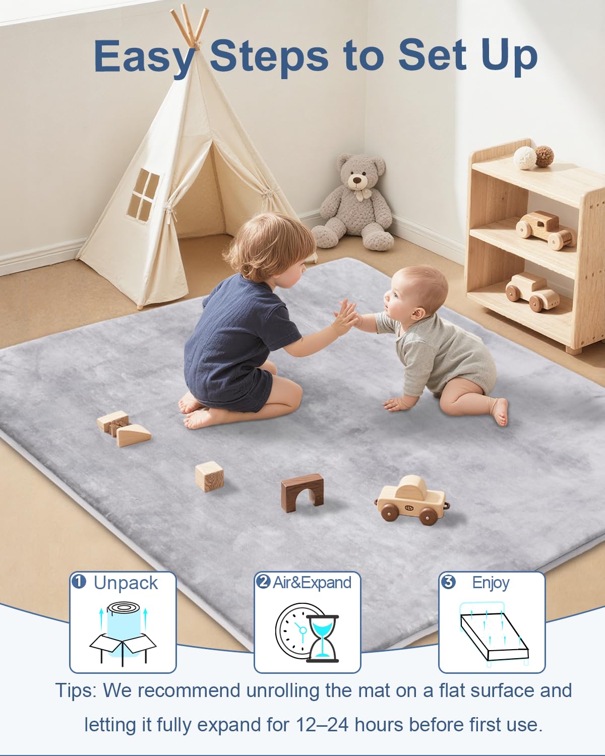 SEPARO Thick Baby Play Mat for Floor,50 x 50 Playpen Mat,Tummy Time Foam Mats,Ultra Soft Support & Plush Feel,Easy Care with Non-Slip Cushioned for Infant,Kids and Toddler Crawling,Grey