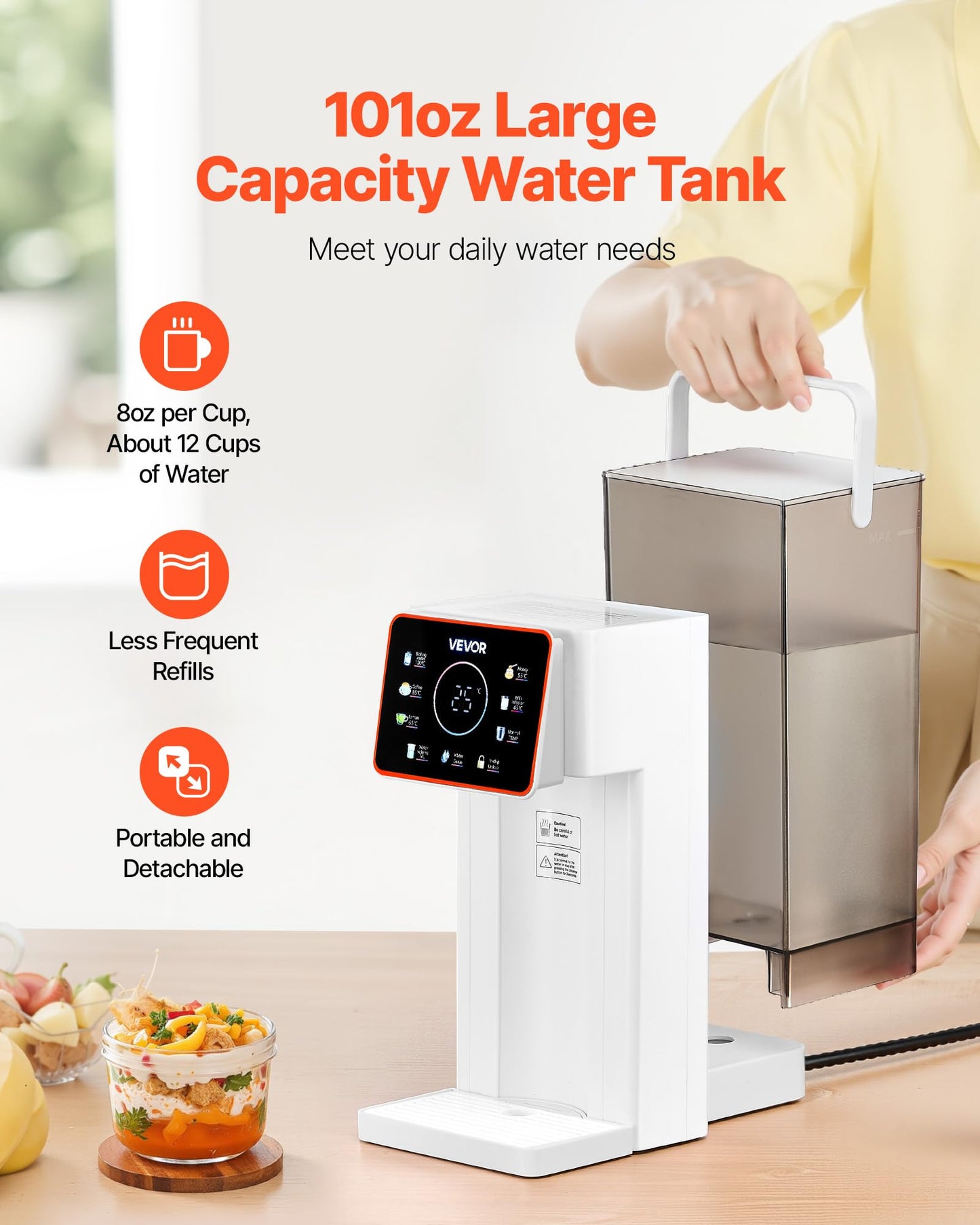 VEVOR Instant Hot Water Dispenser, Countertop Boiling Water Dispenser with Adjustable 6 Temperatures & 7 Water Volumes, 101oz Removable Water Tank, Quick Heating with Touchscreen & Child Lock for Home