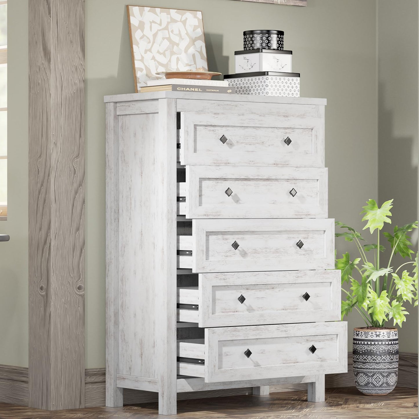 AMERLIFE Farmhouse 5 Drawers Dresser for Bedroom, Wood 47" Tall Dresser for Closet, Natural Texture Chest of Drawers for Bedroom, Living Room, Hallway and Entryway, Distressed White