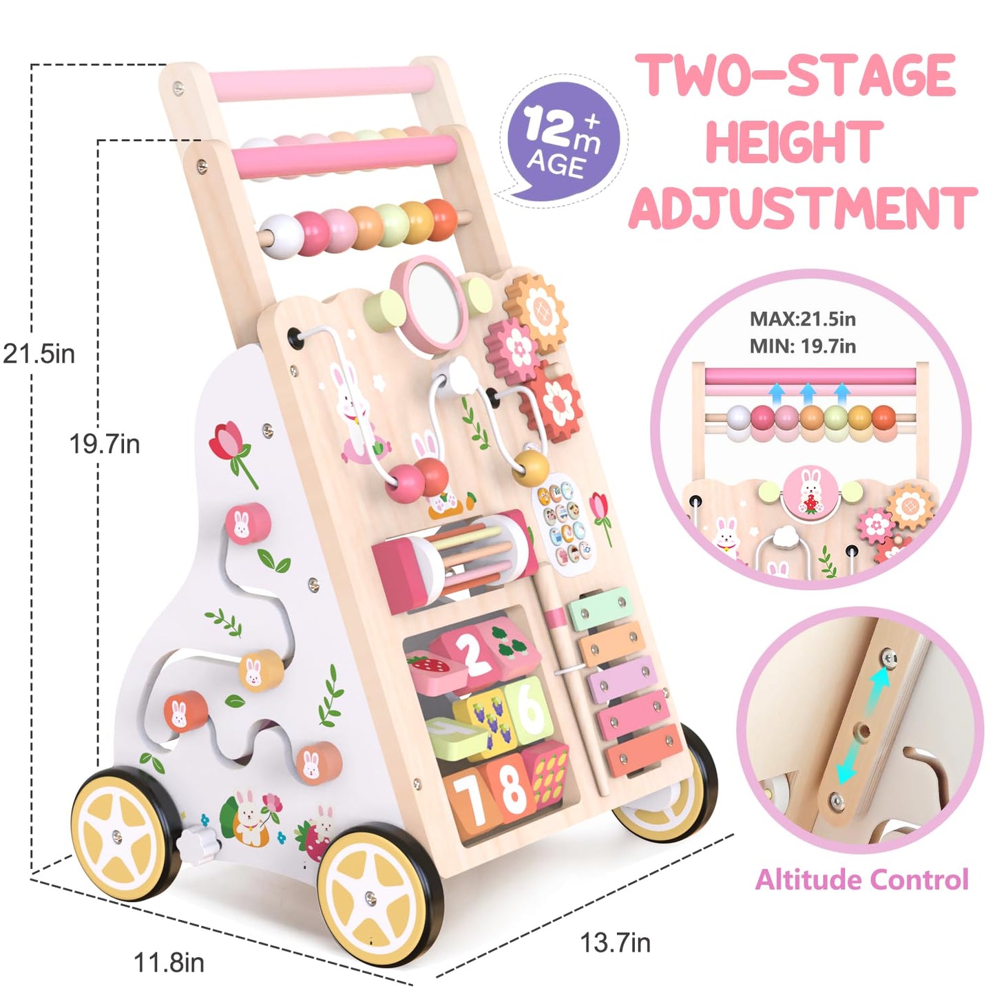 Wooden Baby Walker, Push Walker with Wheels, Montessori Activity Center Walker for Toddlers 12+ Months, Adjustable Height & Speed Learning Walking Toy for 1 Year Old Boys and Girls (Pink)