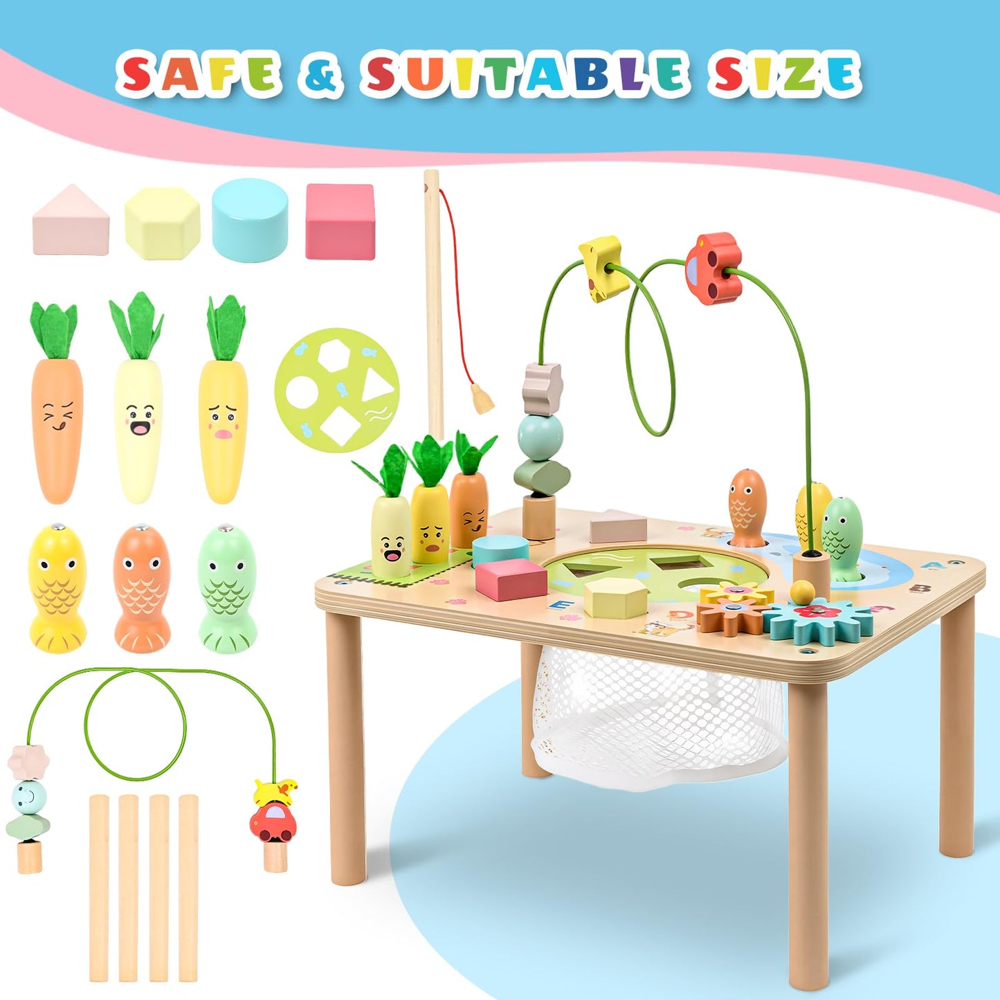 WINGYZ Activity Table, 6 in 1 Wooden Montessori Activity Center with Bead Maze Shape Sorter Fishing Game, Kids Sensory Play Table Toddler Toys 1st Birthday Gifts Boy Girl(Morandi)