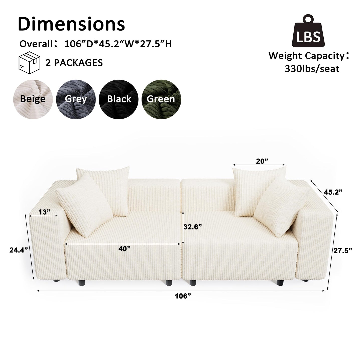 Modern Oversized Modular Sectional Sofa, Boneless Cloud Loveseat with Legs, Corduroy Big Comfy Deep Seat Sofa for Living Room & Apartment（Beige,106″Loveseat）