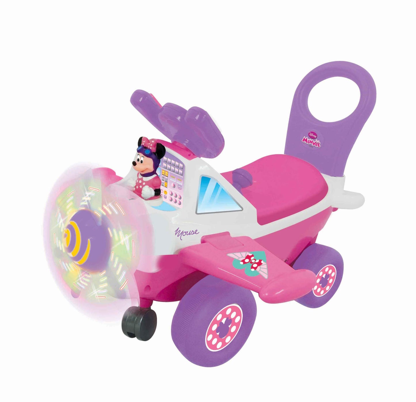 Kiddieland Disney My First Minnie Ride-On Plane Toy with Music, Lights & Sounds, Steering Wheel, 360° Turning, Horn, Foot-to-Floor Toddler Vehicle