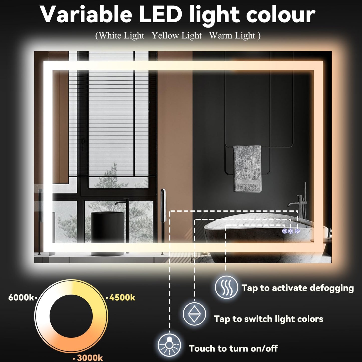 VooBang Large LED Bathroom Mirror 30 x 55 inches - 3 Adjustable Lighting Modes Lighted Smart Bathroom Vanity Mirror, Anti-Fog, Memory Function, Tempered Glass, Wall Mounted Horizontally Vertically