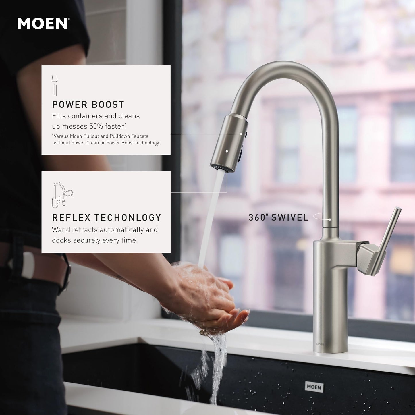 Moen Inara Matte Black Pulldown Kitchen Faucet with Power Boost, Modern Kitchen Faucet, One-Handle High Arc, Easy Installation, 87463BL