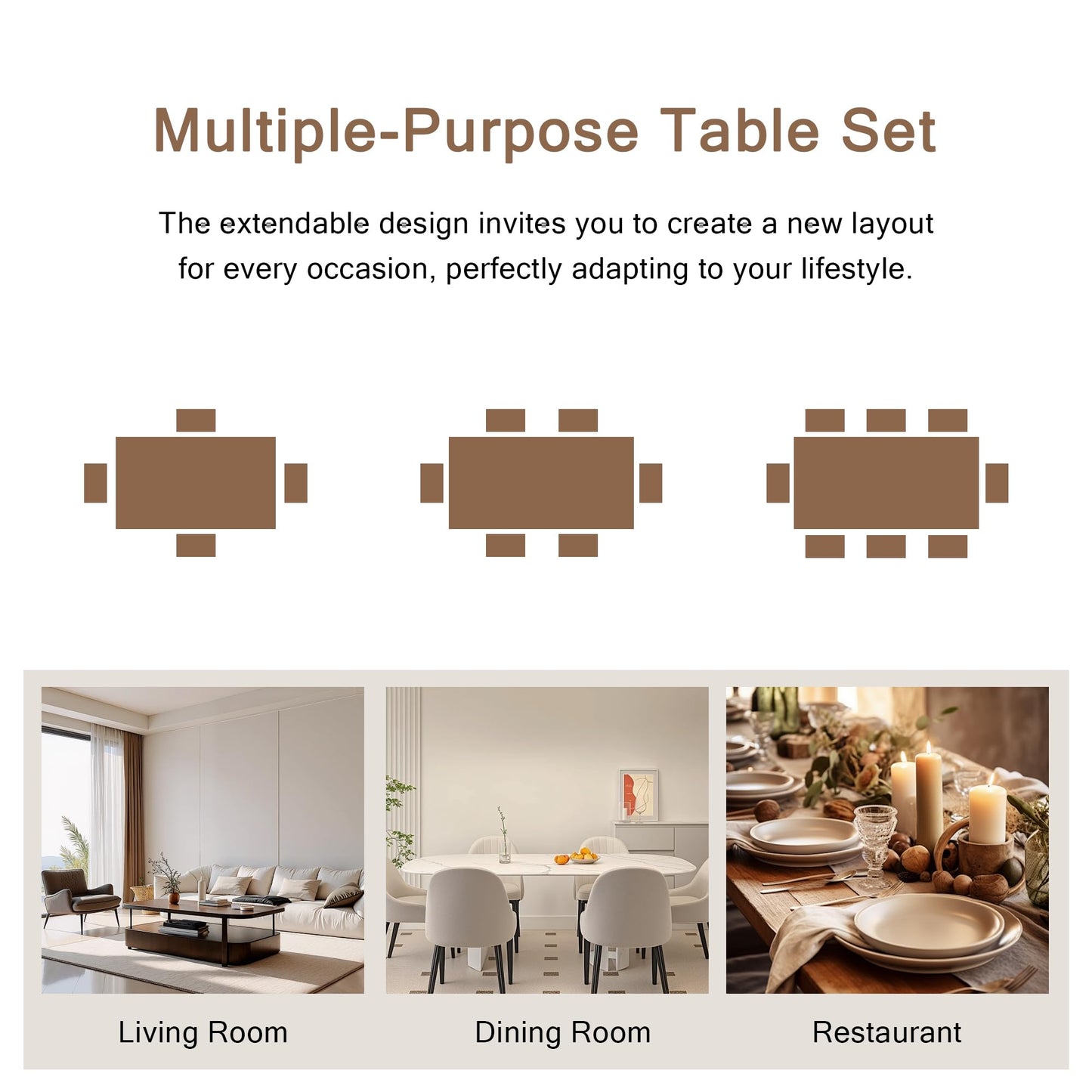 Einhomn 7-Piece Dining Table Set, 63" Extendable Kitchen Room Table with 6 Stools, Mid Century Modern Dinner Table with Metal Frame & MDF Board, Space-Saving, Easy Assembly, Espresso