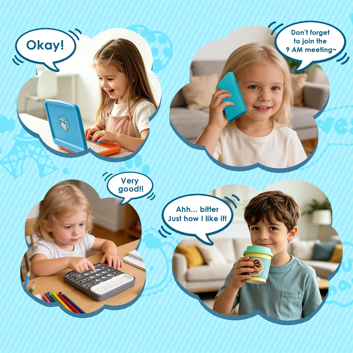 XIAPIA 10 Pcs Pretend Play Home Office Toys, Pretend Play for Toddlers 3-5-7, Pretend Play Sets with Kids Laptop, Pop-Up Calculator, Notebook, Watch, Coffee & Plant, Birthday Gift for 3 4 5 6 7 Year