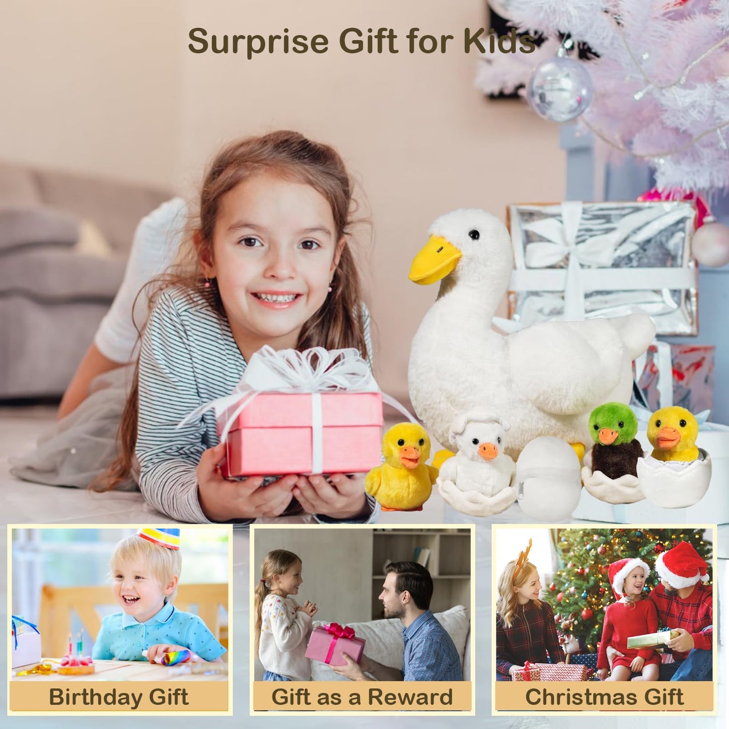 XYHQYB 7 in 1 Duck Stuffed Animal, 12" Zippered Mommy Stuffed Duck Toy with 4 Baby Ducklings and Eggs, Soft White Duck Plushie Pillow for Kids Christmas Birthday Gift Farm Party