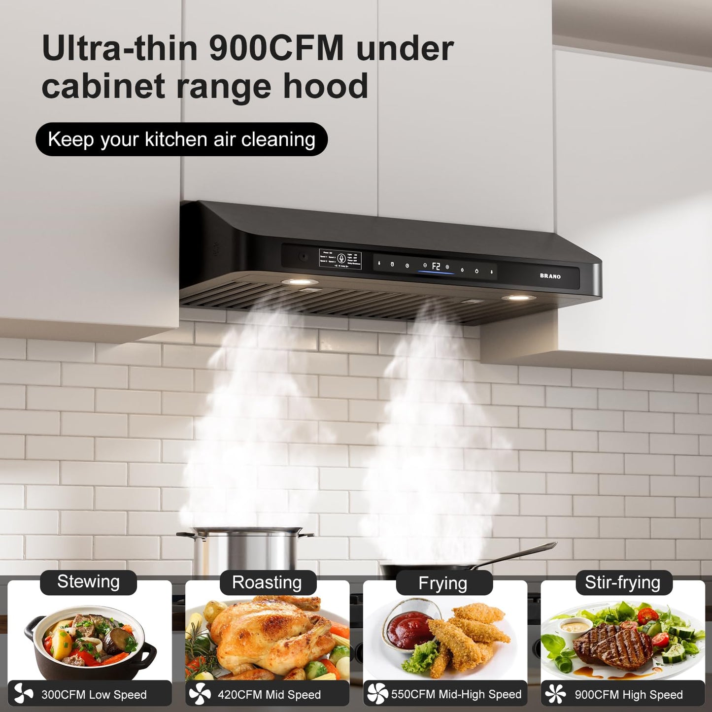 BRANO 30 Inch Under Cabinet Range Hood with Voice/Gesture/Touch Control, 900 CFM Kitchen Hood with 4-Speed Exhaust Fan, Stainless Steel Stove Hood with LED Lights, Baffle Filters