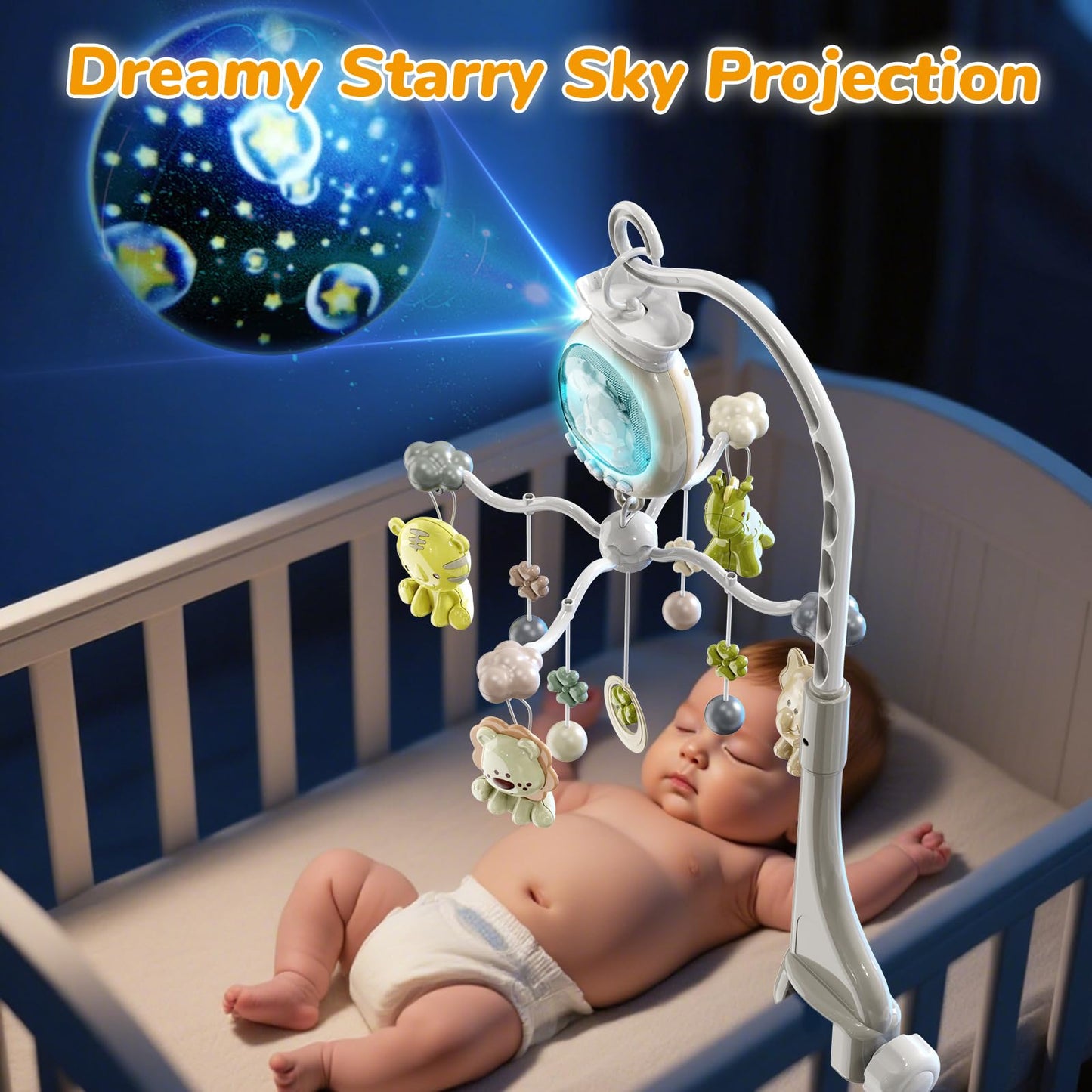 Crib Mobile with Music and Lights, Baby Mobiles for Cribs, Nursery Mobile Arm Hanging Toys for Bassinets Girls Boys Babies, Musical Infant Space Portable Mobiles Clip On Pack and Play Hanger