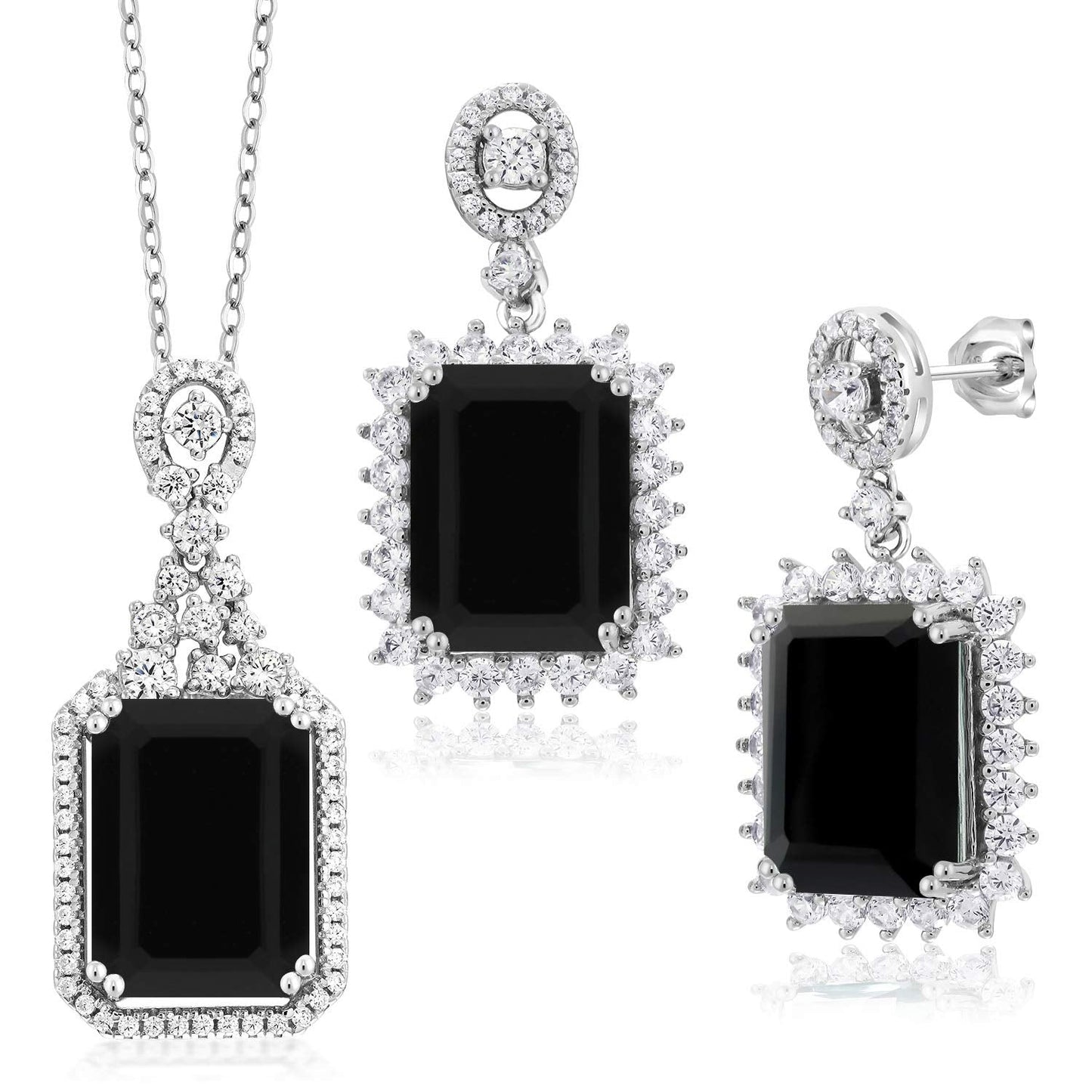 Gem Stone King 20.00 Cttw Black Onyx Pendant and Earrings Jewelry Set For Women | 925 Sterling Silver | Emerald Cut 14X10MM | Gemstone Birthstone | With 18 Inch Chain