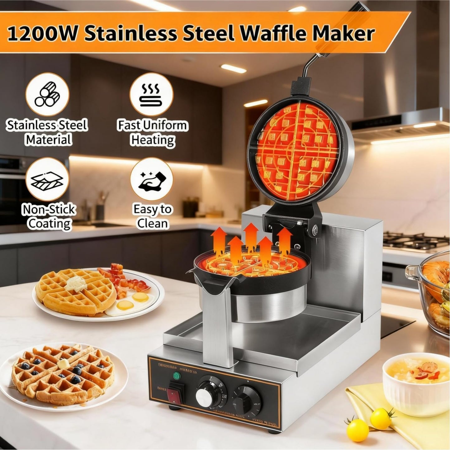 WICHEMI Commercial Belgian Waffle Maker Thick, Cast Iron Waffle Maker Rotating, 180° Flip Nonstick Time Control Temperature Adjustable 110v 1200w