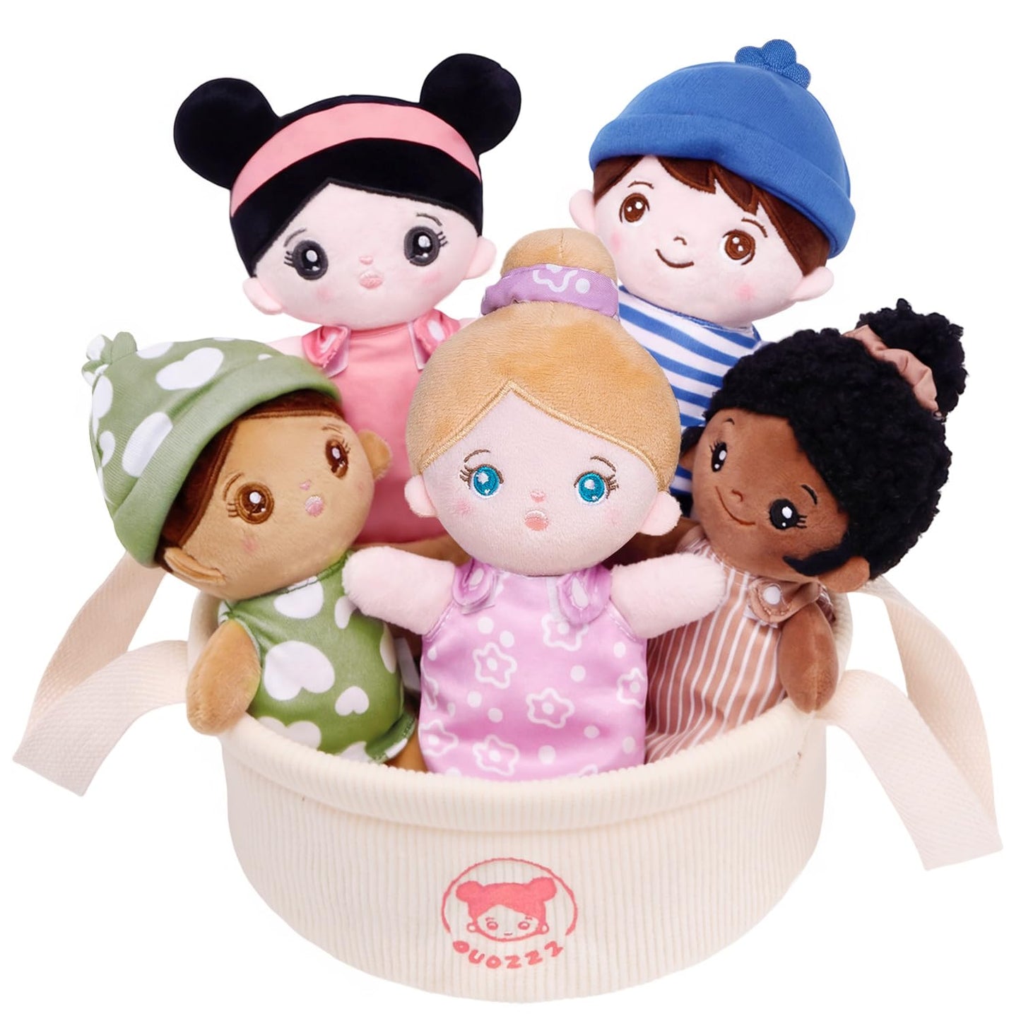 OUOZZZ Soft Baby Dolls – Set of 5 Multicultural 8.8″ Plush Dolls in Basket | Diversity Ethnic Snuggle Toys for Toddlers, Preschool, Daycare & Home