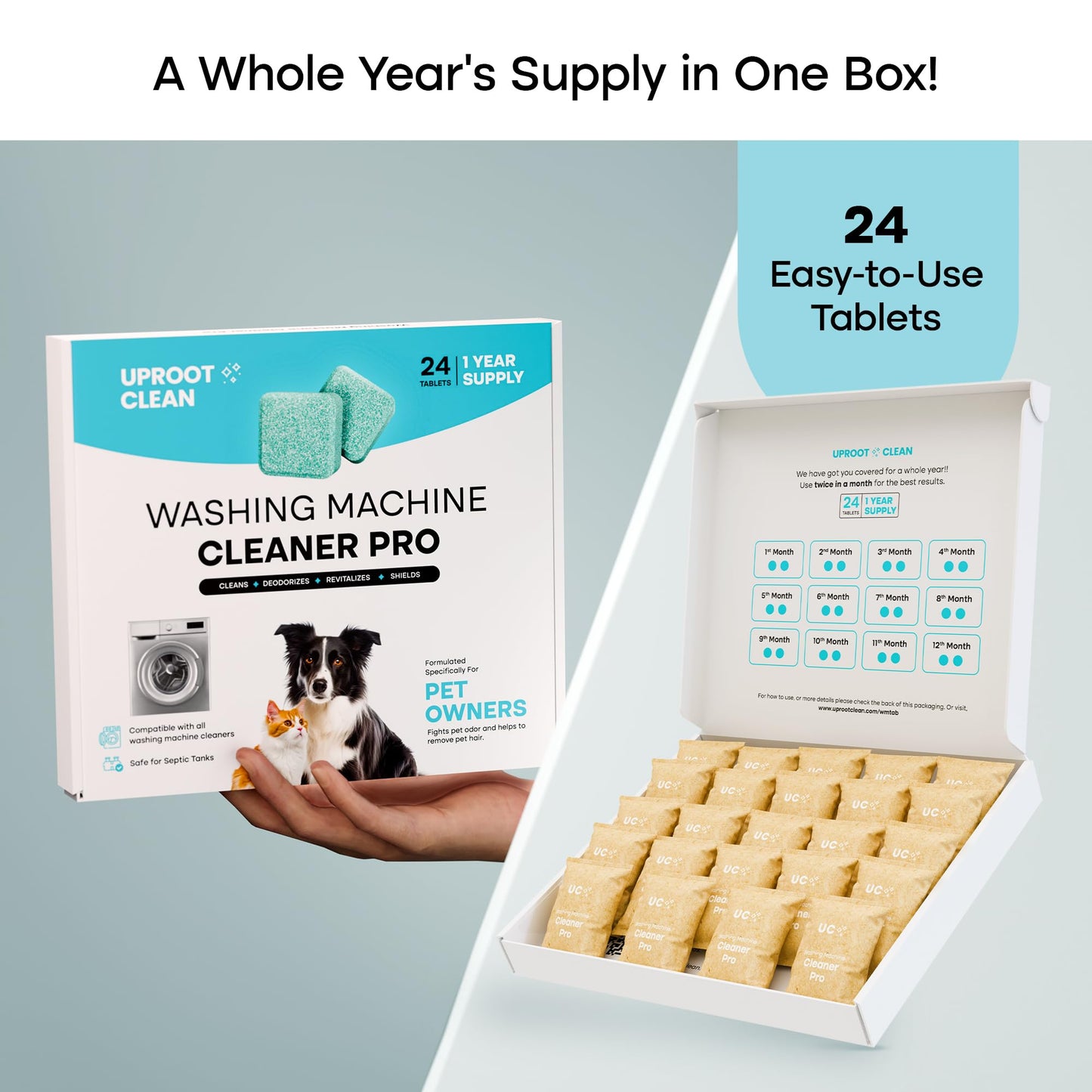 Uproot Clean Pet Grooming Vacuum Kit & Washing Machine Cleaner Tablets Bundle: Ultra-Quiet Cat & Dog Hair Vacuum Groomer - 7 Attachments - Washer Machine Cleaning Tablets for Grime, Odor, & Residue