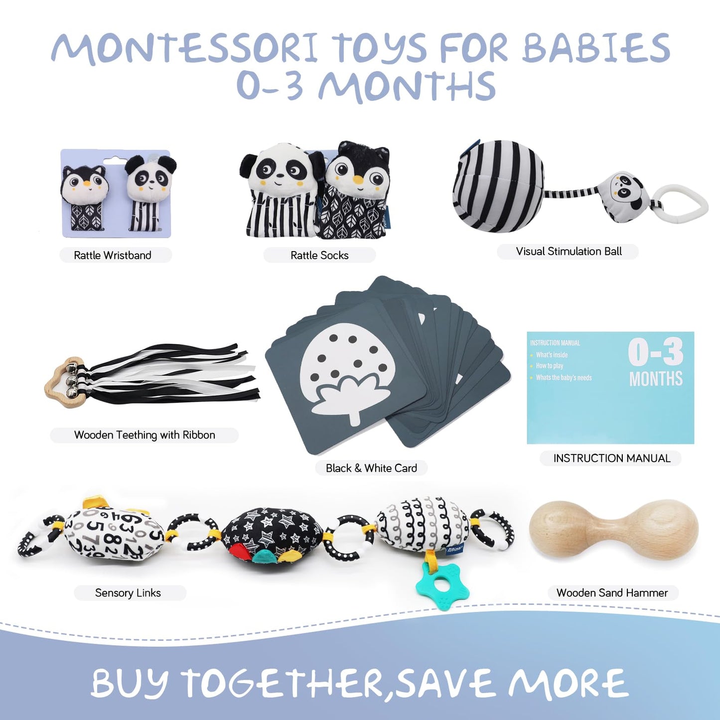 vocheer Black and White Baby Toys, 7 in 1 Sensory Toys for Infants, Tummy Time Toy Newborn 0-3 Months Brain Development, High Contrast Baby Cards Infant Montessori Toy Gift