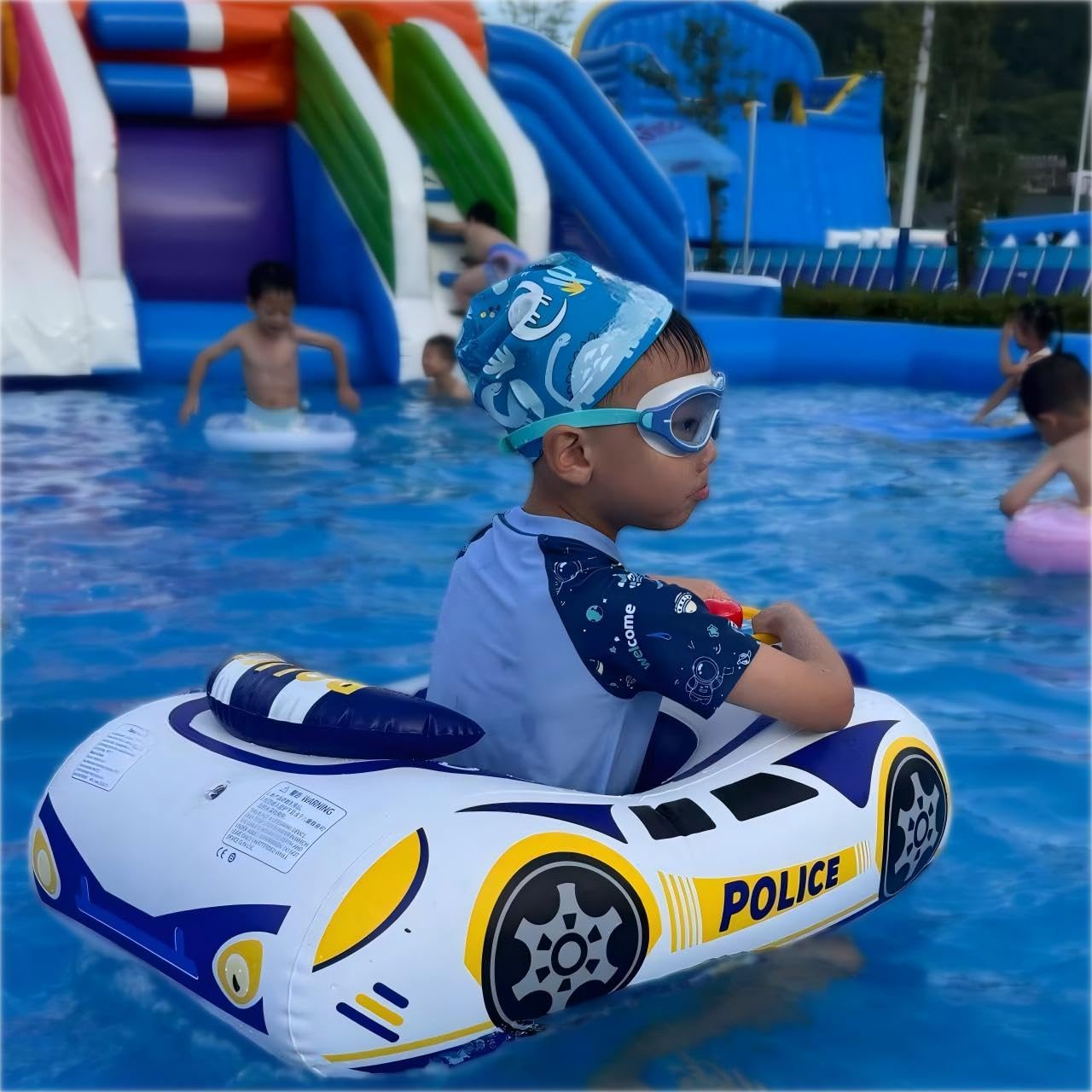 Police Car Toddler Pool Float, Inflatable Baby Pool Floaties, Baby Swim Floats with Handle and Safety Seat Pool Floatie Toys for Boys Girls Kids 1, 2, 3, 4, 5 Years Old (Blue Yellow)
