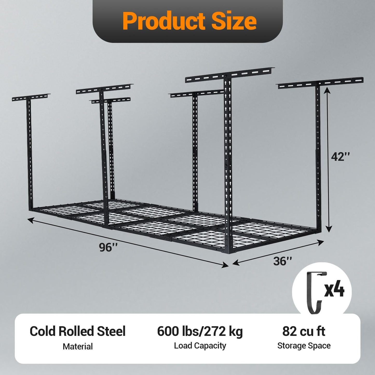 PeakPursuit 3x8FT Overhead Garage Storage Rack, 600LB Capacity Heavy Duty Ceiling Storage Racks, 22-40" Height Adjustable Metal Organizer System for Seasonal Items & Tools