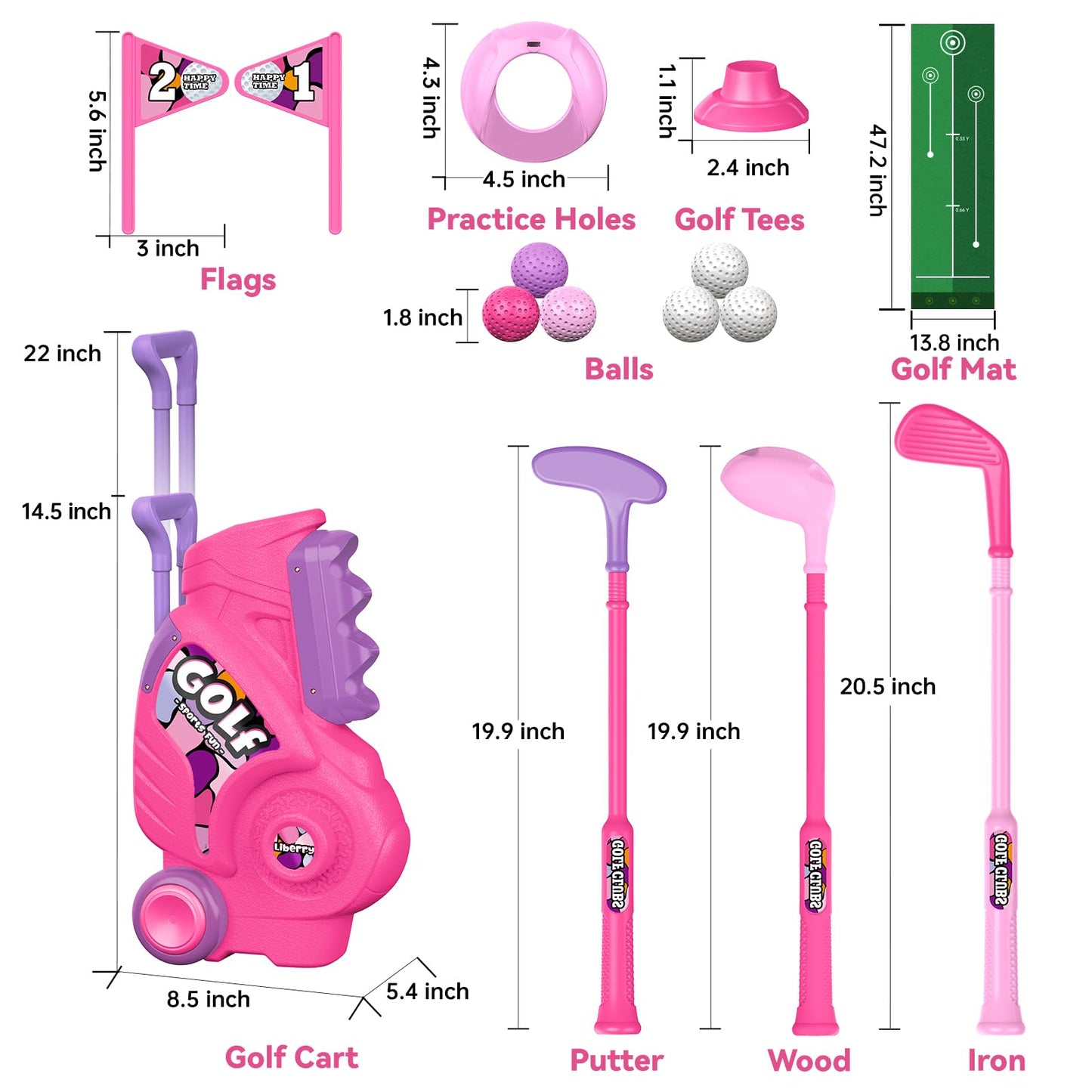 Liberry Toddler Golf Set with Putting Mat for 2 3 4 Years Old Boys Girls, Upgraded Kids Golf Cart with Unique Shoulder Strap Design, Indoor and Outdoor Golf Toys Gifts (Pink)