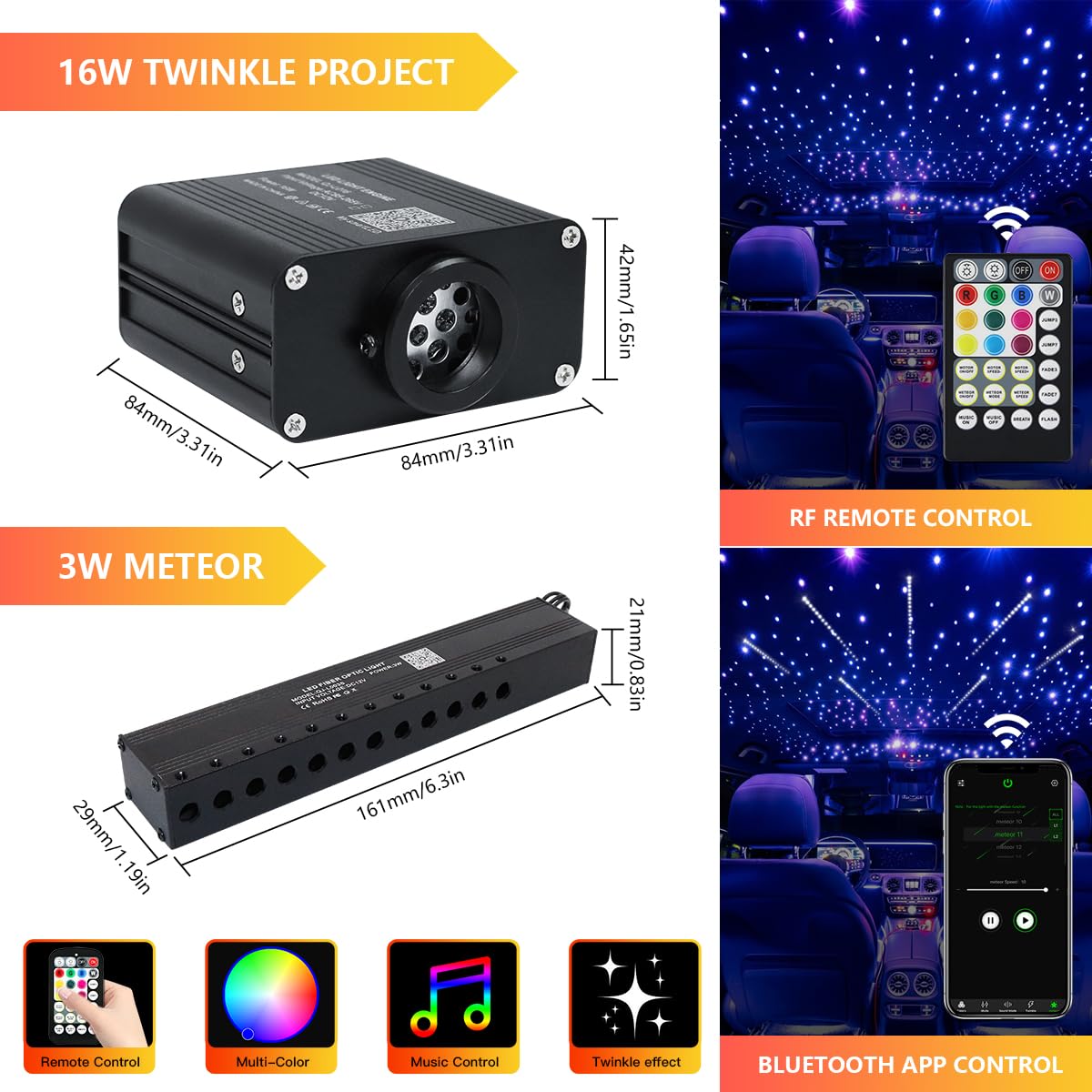 16W Car Home Starlight Headliner Kit, Twinkle & Sound Activate RGBW Fiber Optic Lights with APP & Remote Control, Shooting Star Lights for Ceiling Decoration, 600 pcs 9.8ft
