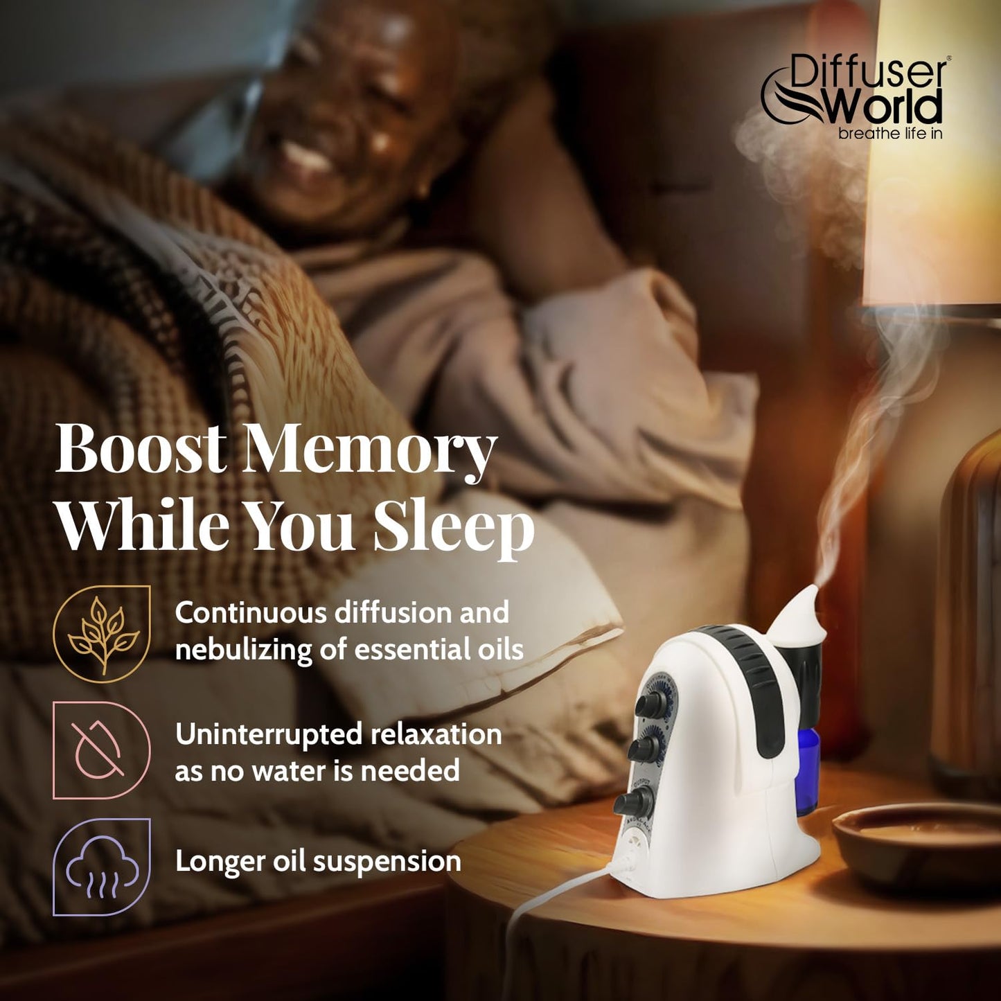 Diffuser World 1000 Sq Ft Waterless Diffuser for Essential Oils, Made in USA Black Waterless Aroma Atomizer for Home Large Room Fragrance, Home Scent Machine, Air Aromatherapy with Adjustable Timer