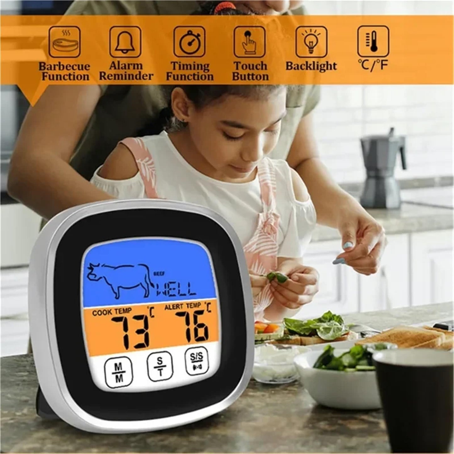 Digital Meat Thermometer for Oven Remote Read LCD Digital Food Thermometer Meat Probe Kitchen Cooking BBQ(White)
