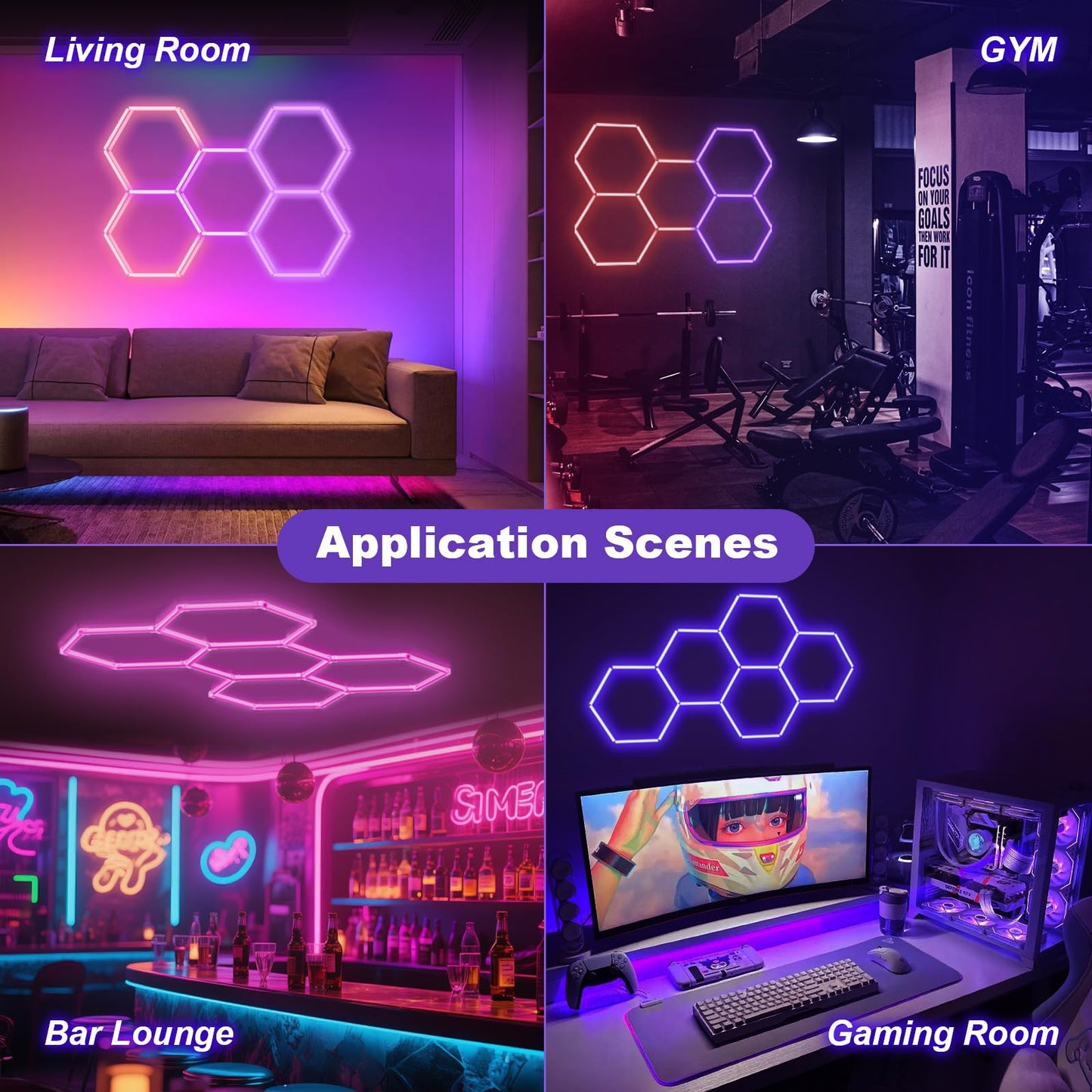 RGB Hexagon LED Light，Hexagon Garage Lights with Color Changing Modes, Dimmable Linkable Music Sync, Speed Adjustable Hex Lighting for Gaming Room, Bar, Club, Home Party, Music Studio, Gym (5 hex)