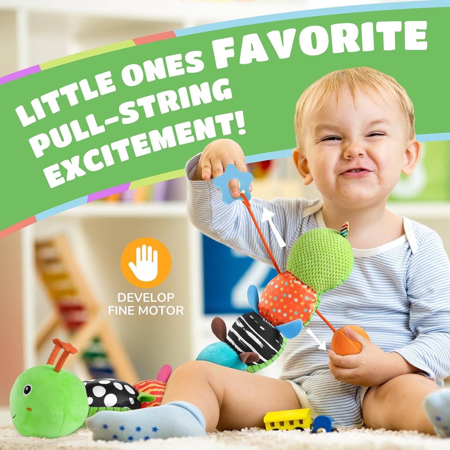 AWOTOY Baby Toys 6-12 Months Music Caterpillar Infant Toys Stuffed Animals 0-3-6 Months Tummy Time Teething Sensory Toys with Mirror Rattle&Pull String for Boys Girls Birthday Gifts|Grass Green,Leafy
