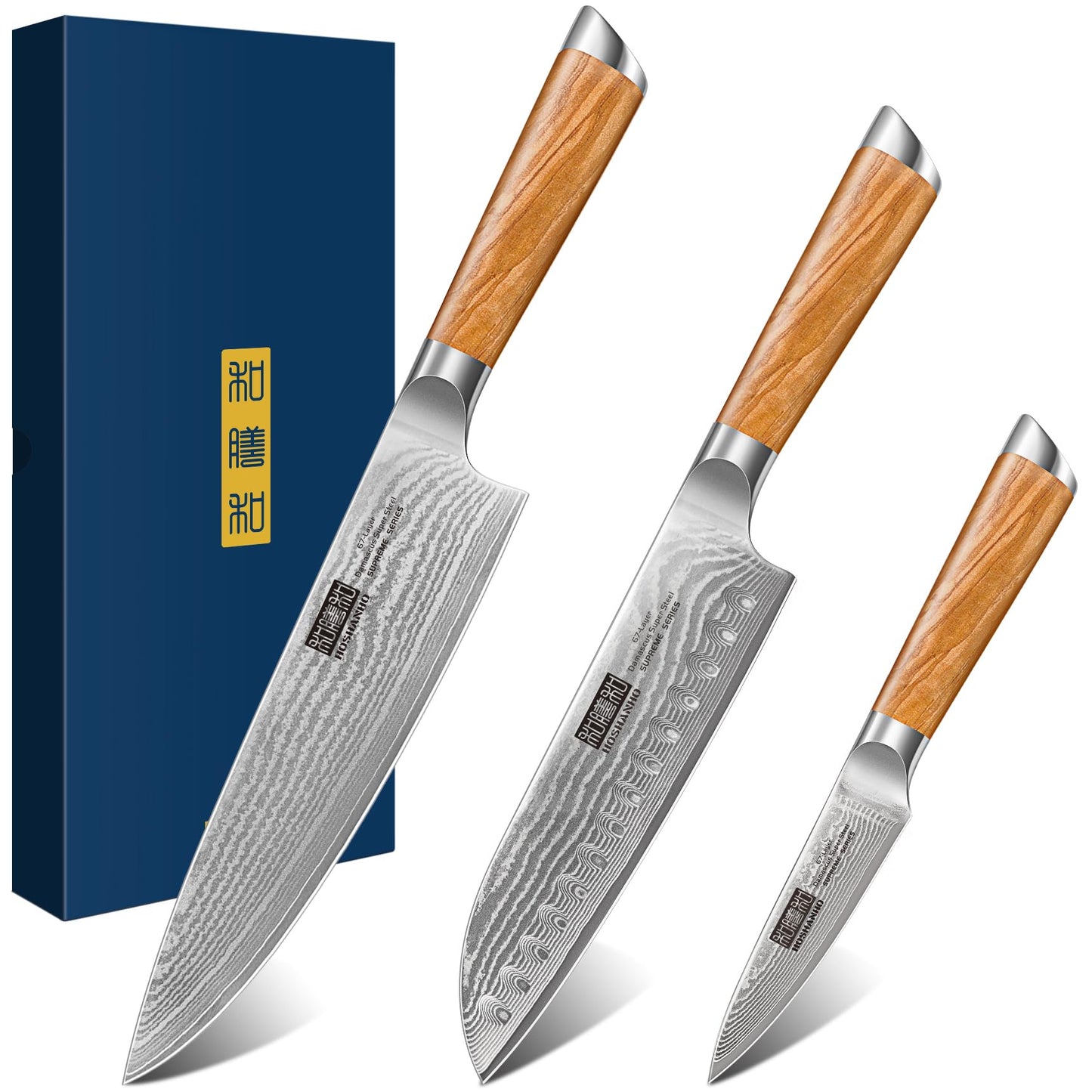 HOSHANHO Damascus Kitchen Knife Set 3-Piece, Ultra Sharp 8" Chef Knife, 7" Santoku Knife, 3.75" Paring Knife, Professional 10Cr15CoMoV Damascus Super Steel Chef Knife Set with Ergonomic Handle