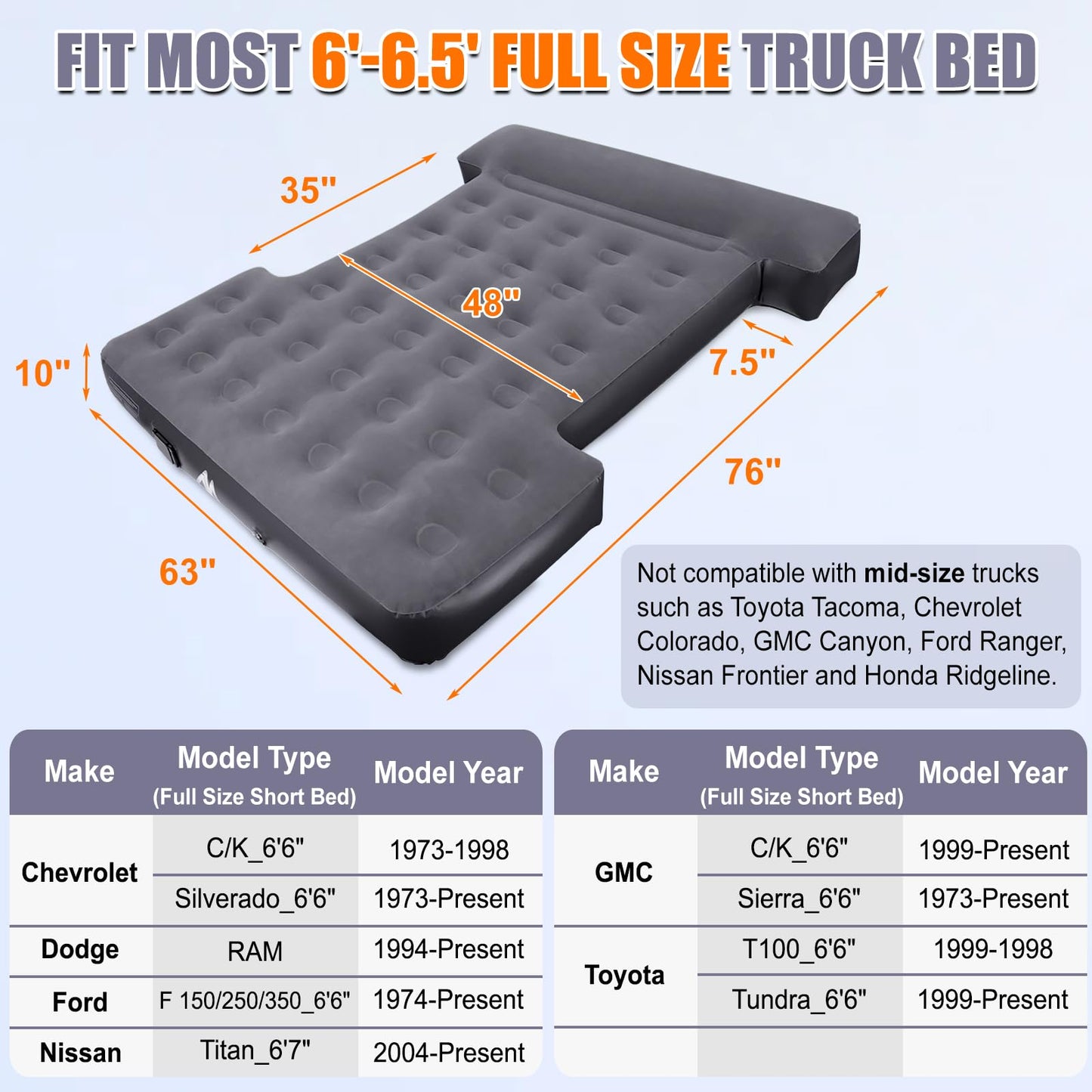 AYAMAYA Camping Fan + Air Mattress, 9 Speeds Battery Powered Fans with Digital Display, 6-6.5ft Full Size Truck Bed with Cordless Pump for Outdoor Camping, Road Trip
