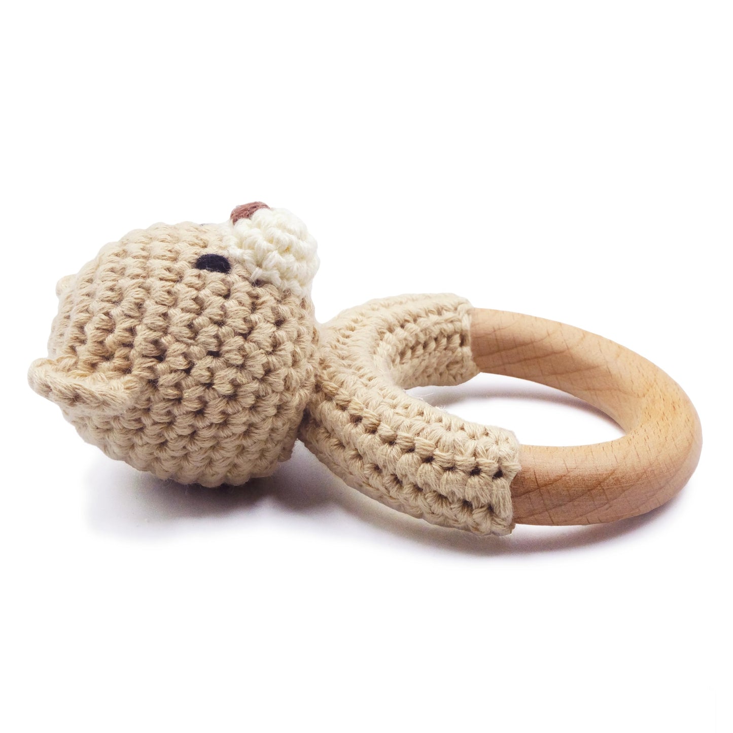 Joliecraft Safari Animals Wooden Baby Rattle Toys Stuffed Crochet Rattle with Teether Ring for Newborn, Beige Bear