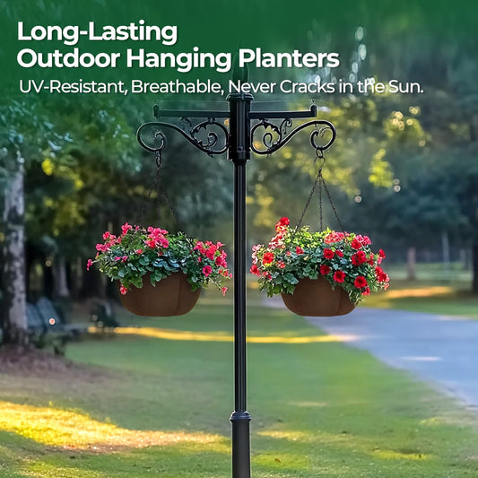 T4U Hanging Planters for Outdoor Plants, 12 Inch 4 Pack Fabric Hanging Baskets with Drainage Tray, Decorative Hanging Pots for Plants Outdoor Patio Porch Garden Use（Brown）
