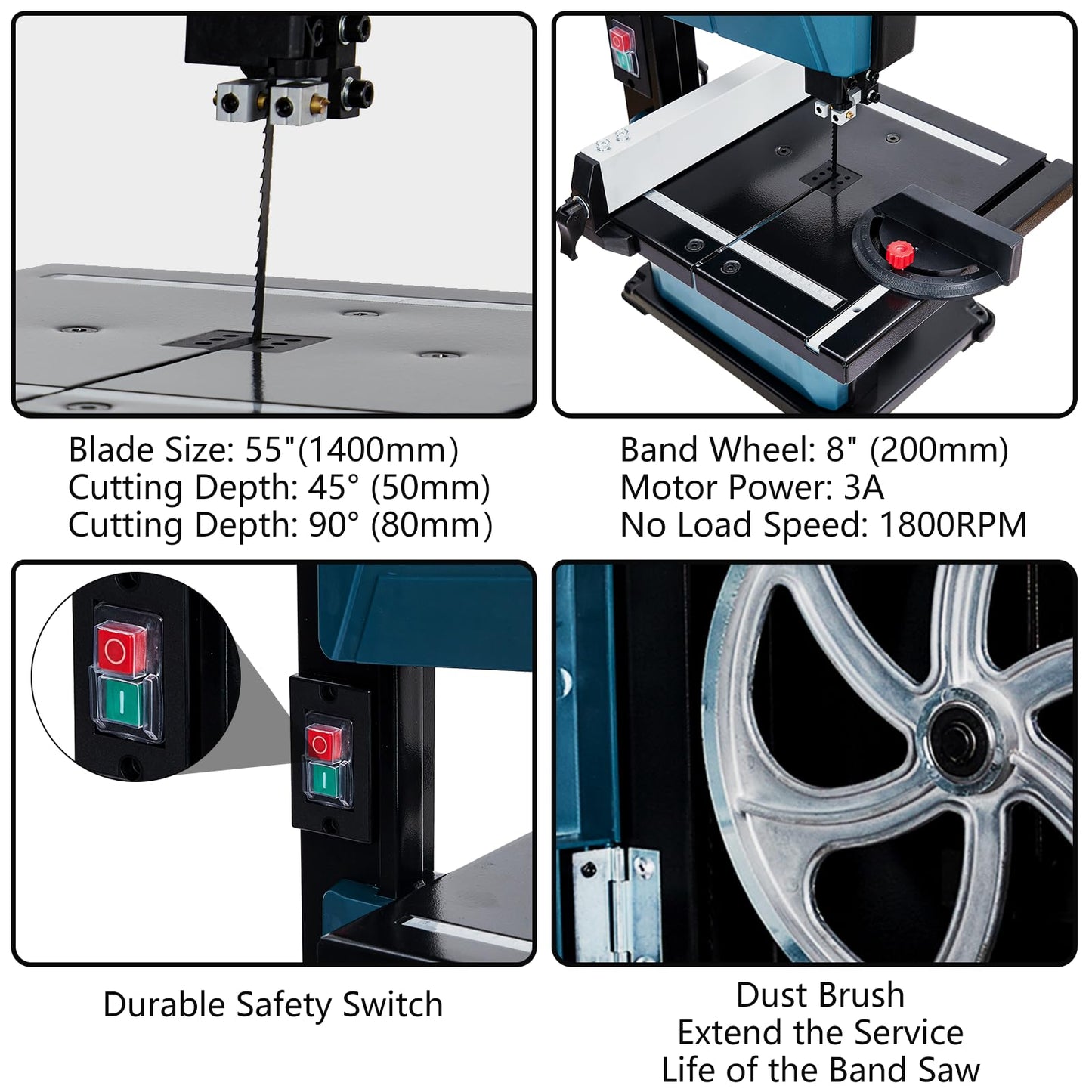 Towallmark Bandsaw, 3-Amp & 8-Inch Band Saw, 1800FPM Benchtop Bandsaw with Removable Safty Key, 0-45 Tilting Range, Saw For Cutting Wood with Fence and Miter Gauge, Band Saws for Woodworking