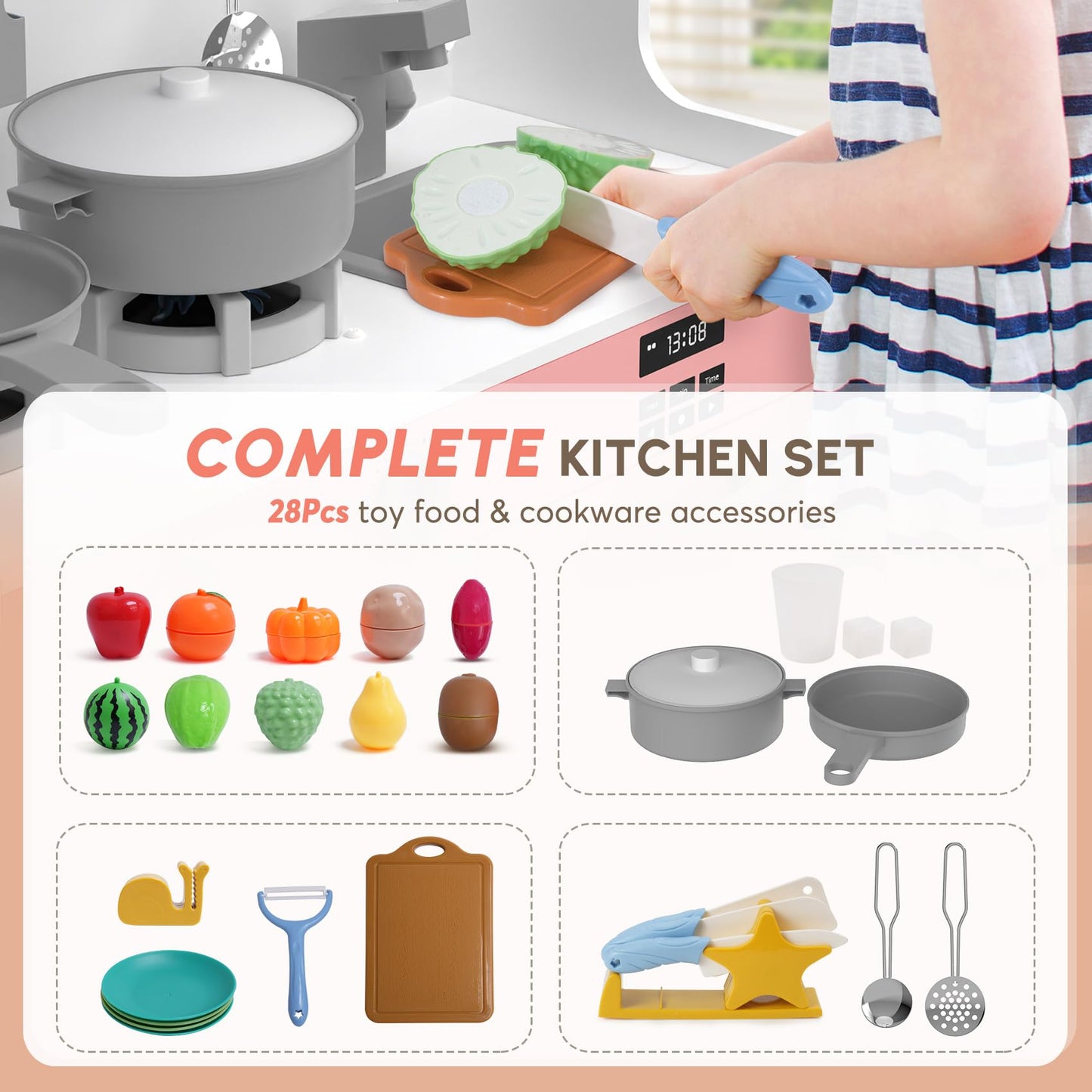 BIERUM Play Kitchen with Realistic Lights & Sounds, Wooden Kitchen Playset with 28 Pcs Toy Food & Cookware Accessories, Toy Kitchen with Plenty of Play Features, Idea Gift for Boys and Girls Ages 3+