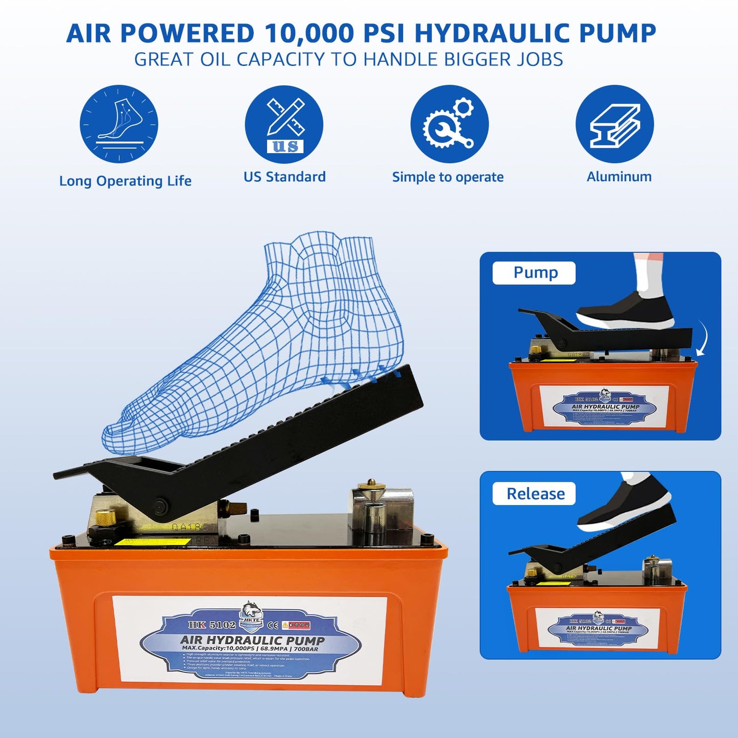 HKTE Professional Air Hydraulic Pump, Foot-Operated, 10,000 PSI, 1/2 Gal Reservoir for Machinery Lifting & Auto Repair
