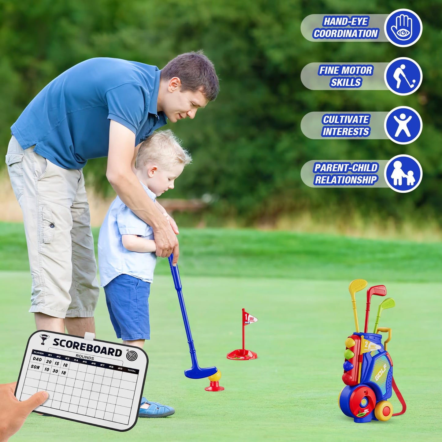 HYES Toddler Golf Set 2-4 Years, Kids Golf Club with 8 Balls, 4 Plastic Clubs, Putting Mat, Scoreboard, Storage Bag, Indoor Outdoor Game with Golf Cart Sport Toy Gift for Baby Boys Girls Age 3-5, Blue