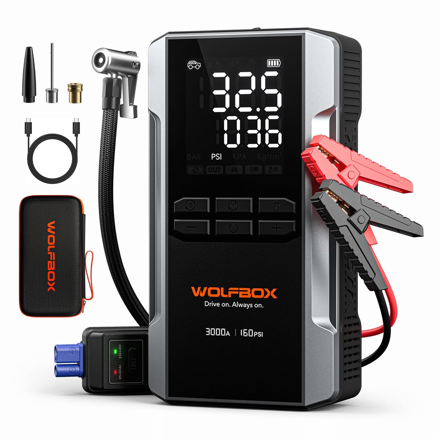 WOLFBOX 3000A Jump Starter with Air Compressor, 59.2Wh&160PSI Portable Car Battery Jump Starter with 65W Fast Charge, 12V Battery Pack (8L Gas 6L Diesel Engine) with Boost, Light and Jumper Cables