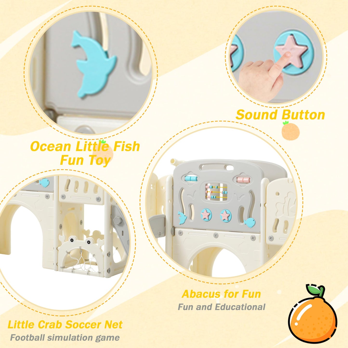SENCHO GINSYTALIOR 11-in-1 Multi-Activity Toddler Playset with Slide, Basketball Hoop & Telescope - Indoor/Outdoor Playground (Gray+Beige)