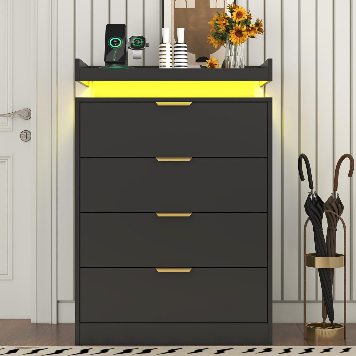 knoworld Black Dresser with LED Lights, Wooden LED Dresser, 4 Drawer Chest with Charging Station, Tall Chest of Drawer Closet Organizer for Bedroom, Living Room, Entryway, Hallway