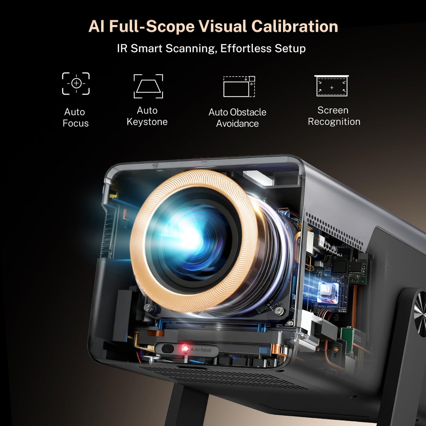 [2000 ANSI/AI Visual Calibration/4K Support] X7 Native 1080P Smart Projector with Android 14 OS, Portable Movie Projector for Bedroom & Outdoor, AI Auto Focus & Keystone Black & Slate Gray Gold