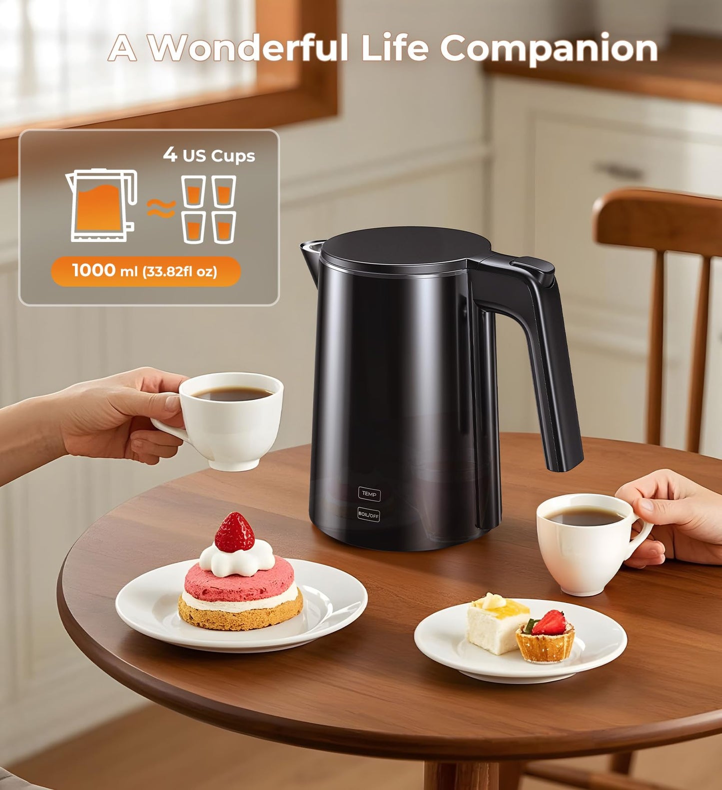 Electric Kettle 1.0L 1200W, 7 Temp Settings, 4H Keep-Warm, Fast-Boil Stainless Steel Electric Tea Kettle, 120V Water Boiler with Auto-Shut Off, Cool Touch PP Exterior for Home Office, Black