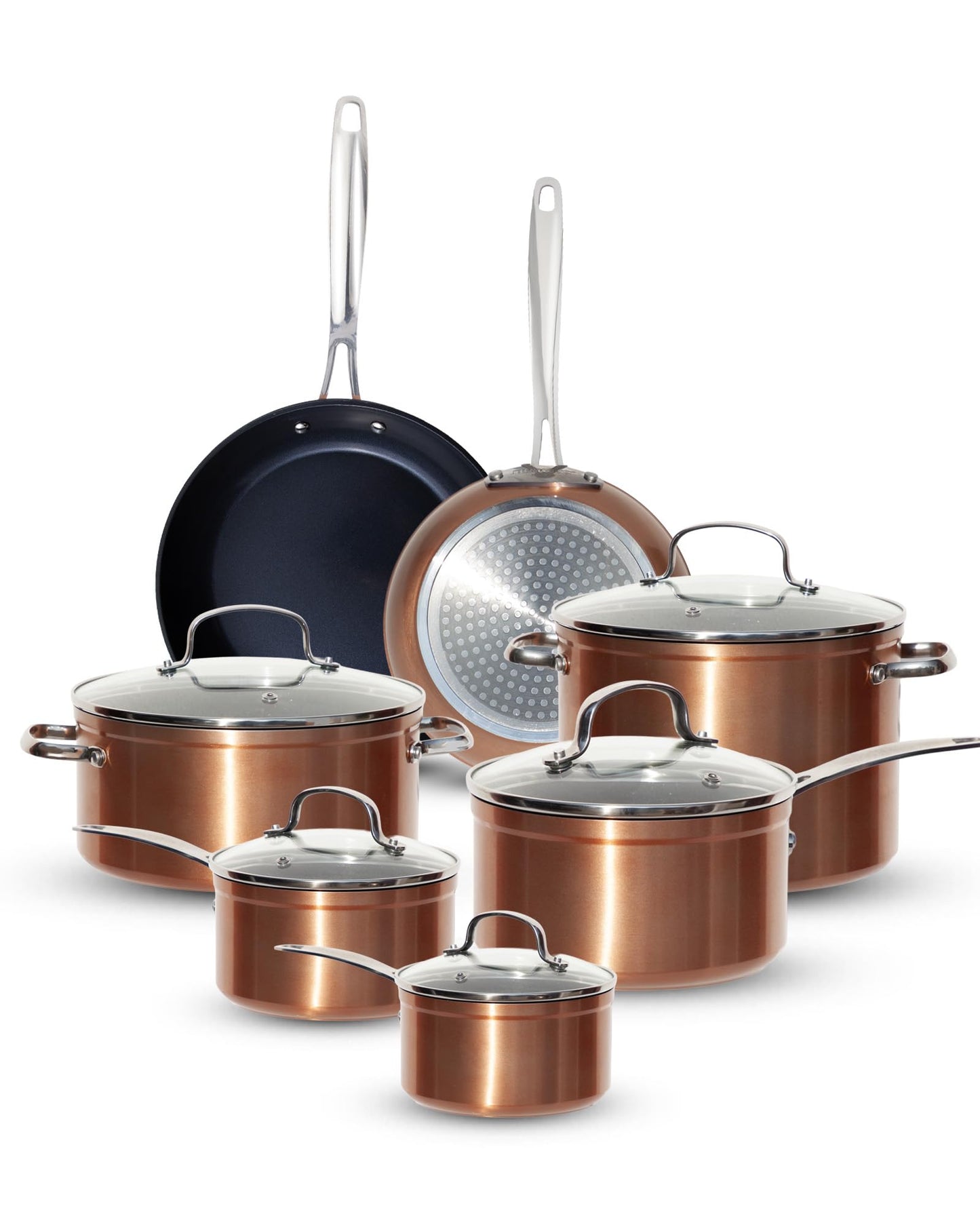 Nuwave Healthy G11-Pots and Pans Set Non Stick, 9H Near-Diamond Hardness Scratch-Resistant, Works on All Stovetops, PFAS Free, with Frying Pans, Saucepans & Glass Lids, Stay-Cool Handles, Copper