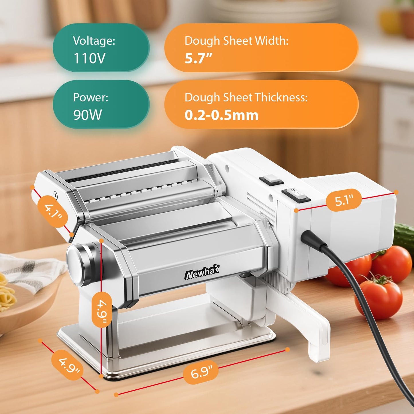 Newhai Electric Pasta Maker QM-1 Ramen Noodle Machine Adjustable Thickness (0.2-0.5mm) Pasta Roller & Cutter 1.5mm Spaghetti 6mm Wide Noodle Manual & Motorized for Home Kitchen Use