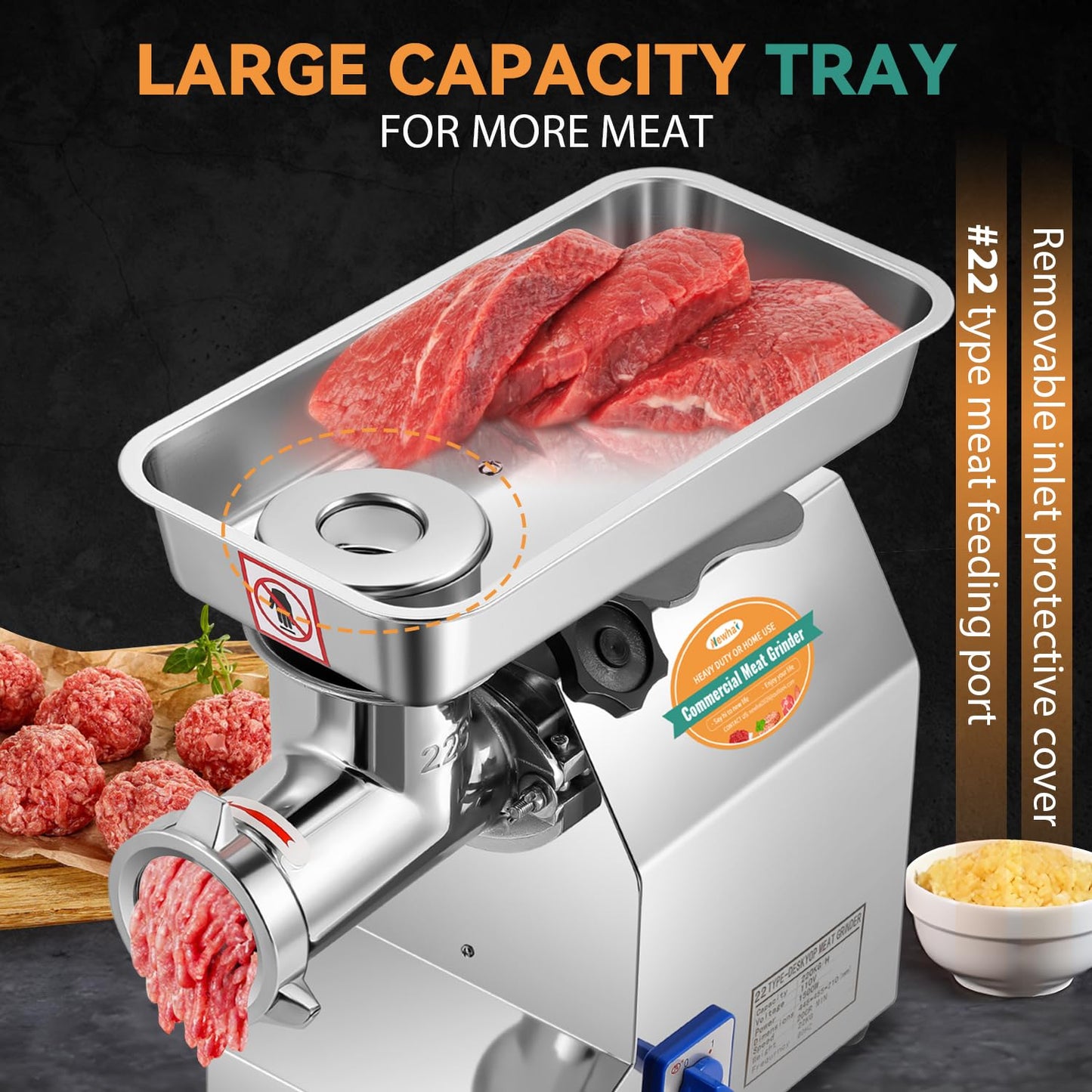 Newhai 1.5HP Commercial Meat Grinder #22 Heavy Duty Meat Grinding Machine 1100W Meat Mincer with 3/6/8mm Grinding Plates 110V US for Beef Pork Chicken Soft Bone