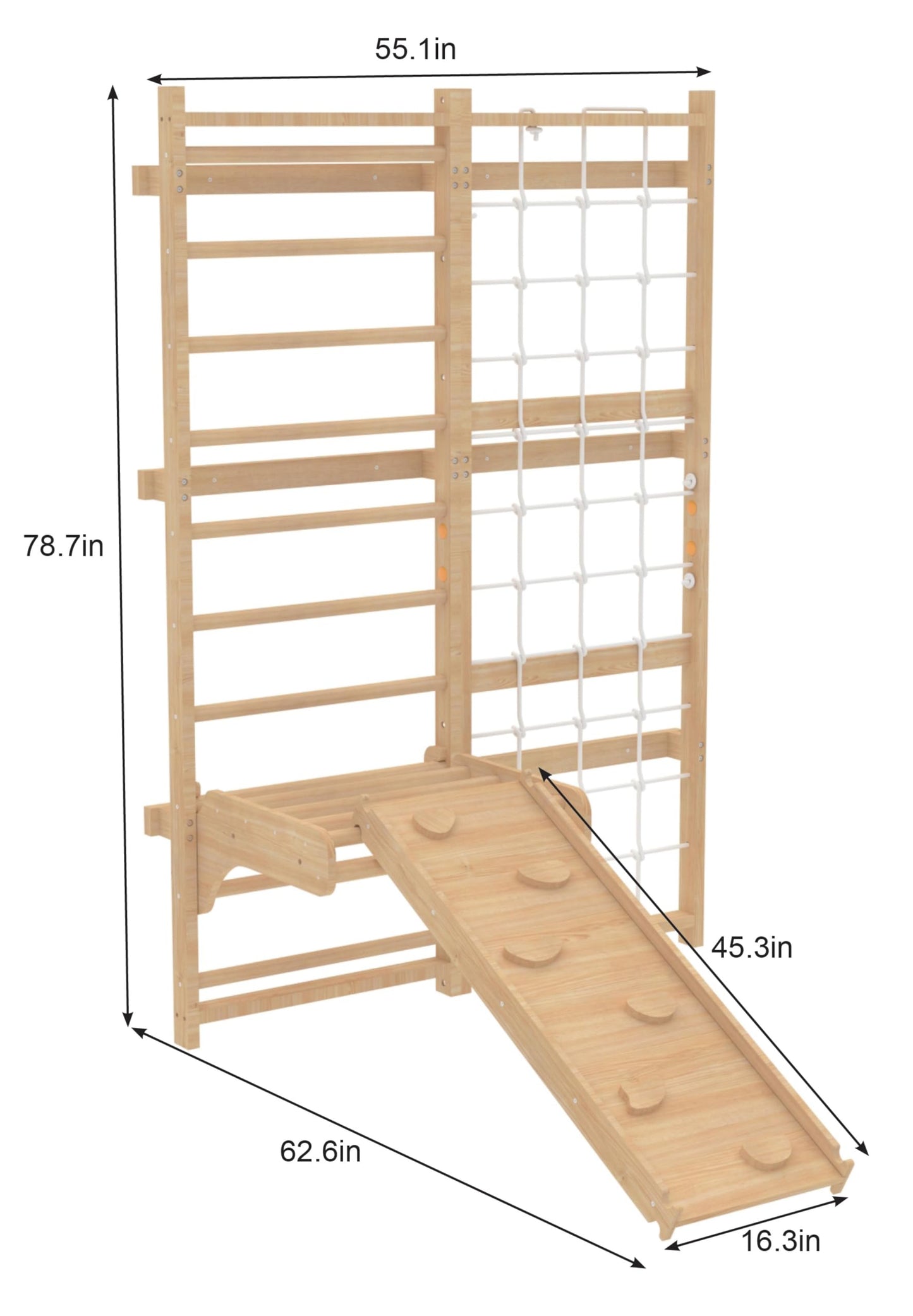 Avenlur Neem 5-in-1 Swedish Ladder Wall Gym with Cargo Wall Climber, Swedish Ladder Swing, Rope Ladder, Adult Pull-Up Bar, and Indoor Slide - Indoor Jungle Gym for Kids and Adult (79")