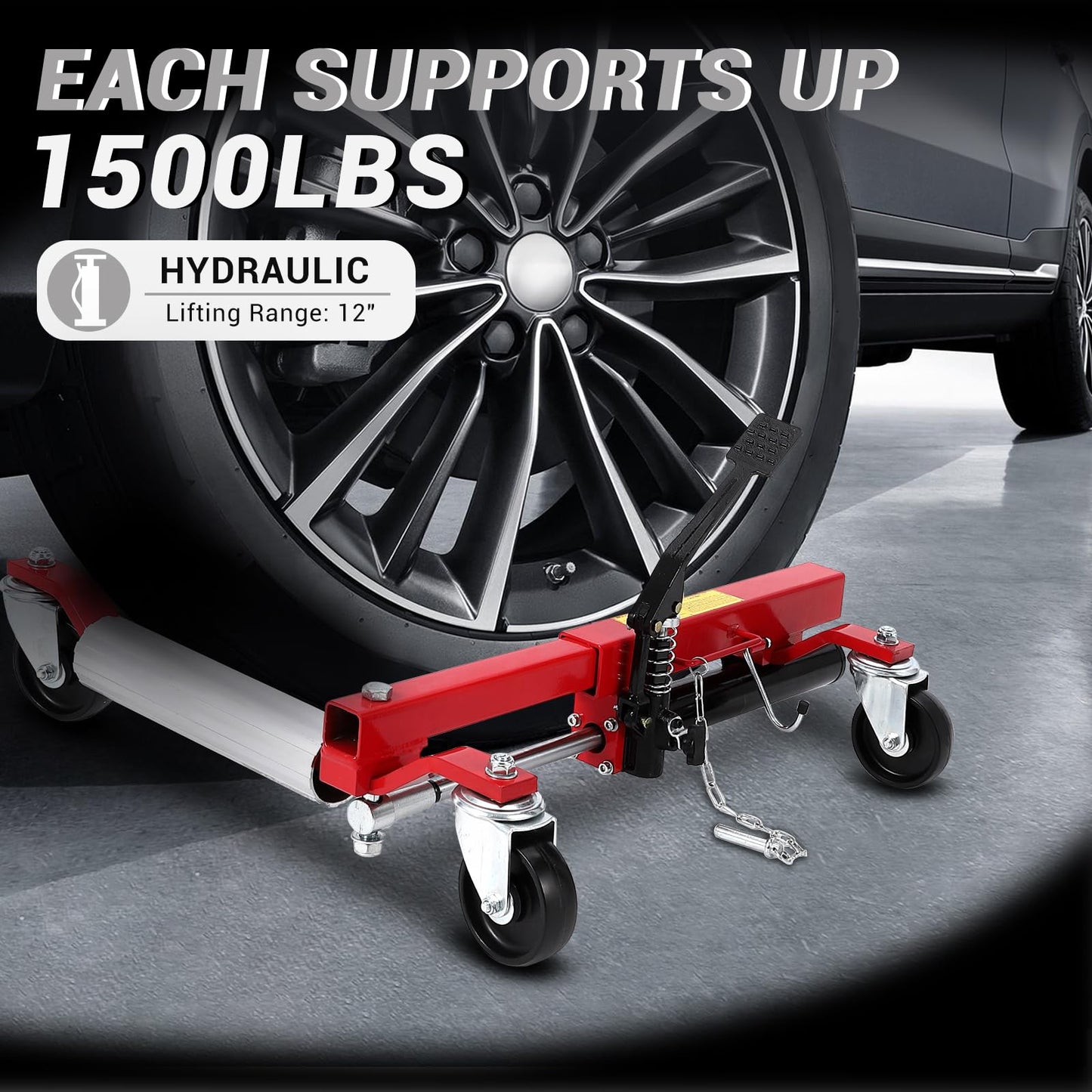 Car Wheel Dolly Set of 2, 1500 LBS Capacity Car Dolly with Hydraulic Tire Jack & Aluminium Twin Rollers, Heavy Duty Rollers with Foot Pedal for Tire Auto Repair Moving, Red