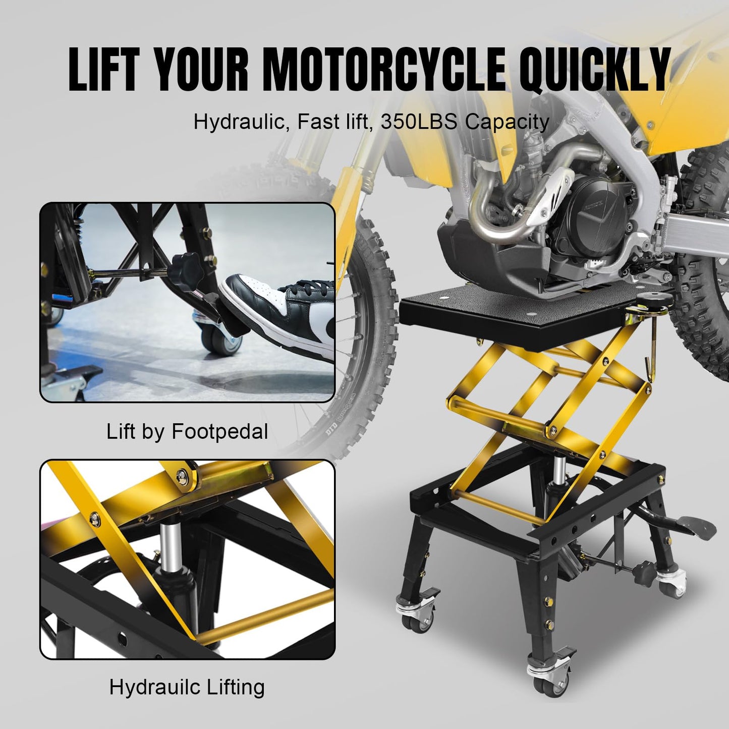 350 Lbs Motorcycle Lift Jack Table, Hydraulic Foot-Operated Scissor Lift Jack for Bike, Motorcycle Stand with 4 Wheels Black