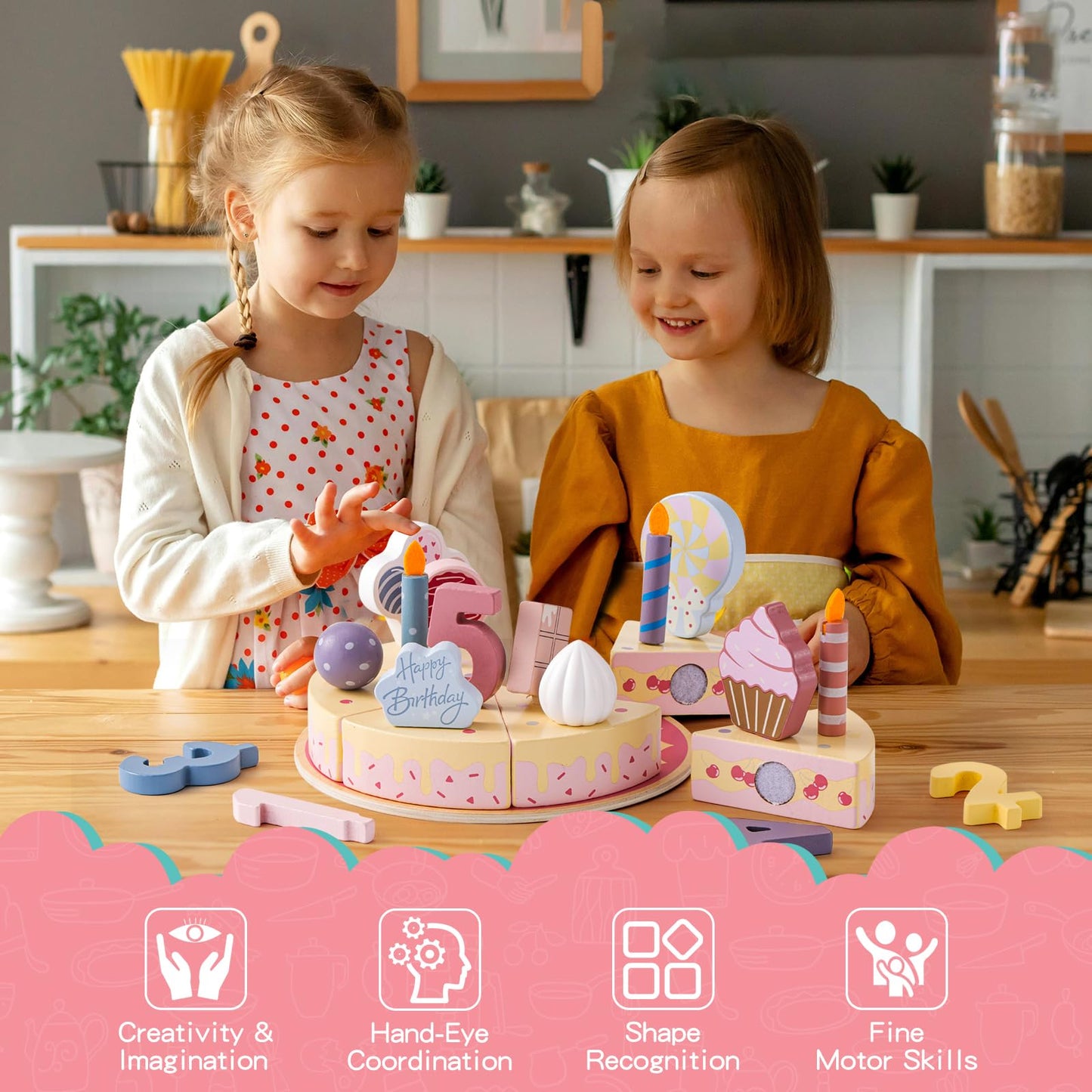 ZRUNBO Birthday Party Cake Toys, Wooden Play Food Set for Kids Toddlers, Play Kitchen Toys for Boys Girls, Educational Toys