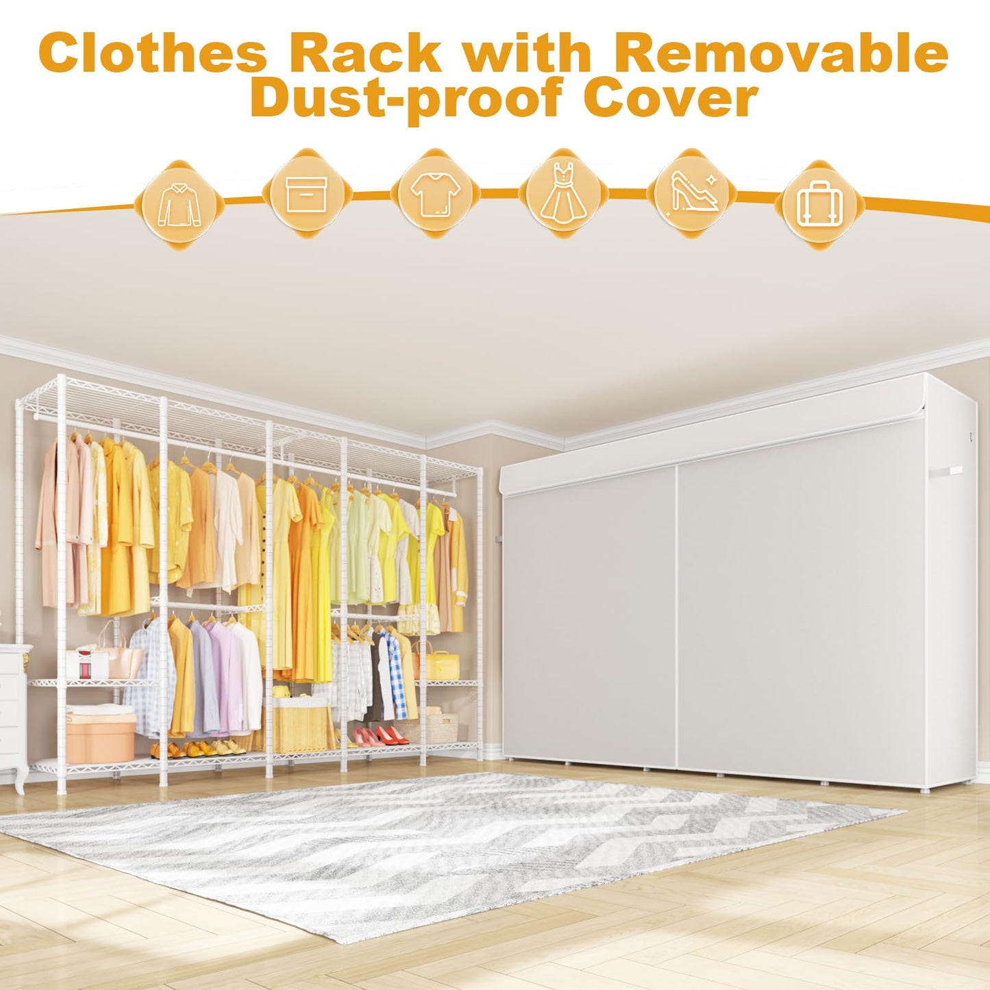 ULIFHOME H50C Extra Large Clothes Rack with Cover, Freestanding Portable Closet, Covered Clothing Racks for Hanging Clothes, Heavy Duty Garment Rack, Wardrobe Closet with White Cover Max Load 1350 Lbs