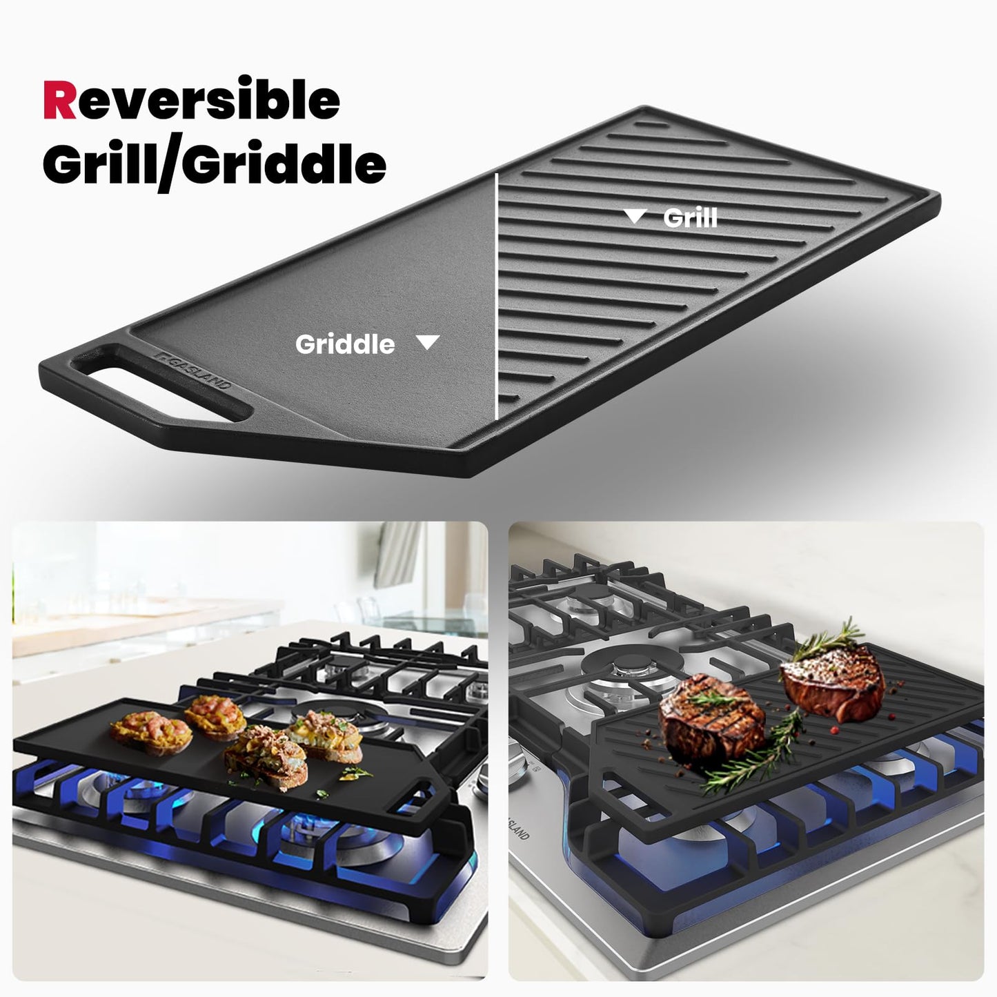GASLAND 36 Inch Gas Cooktop, PRO GH3365SF 5 Burner Gas Stovetop with Reversible Cast Iron Grill/Griddle, Plug-in, NG/LPG Convertible Cooktops, Stainless Steel